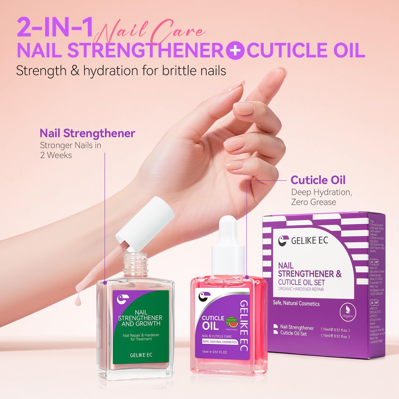 Gelike Ec Professional Nail Care Kit Nude Nail Strengthener And Growth & Watermelon Cuticle Oil (15Ml) - Hydrating Protein Care For Dry Nails - Lightweight Non-Sticky - Perfect For Summer Manicures