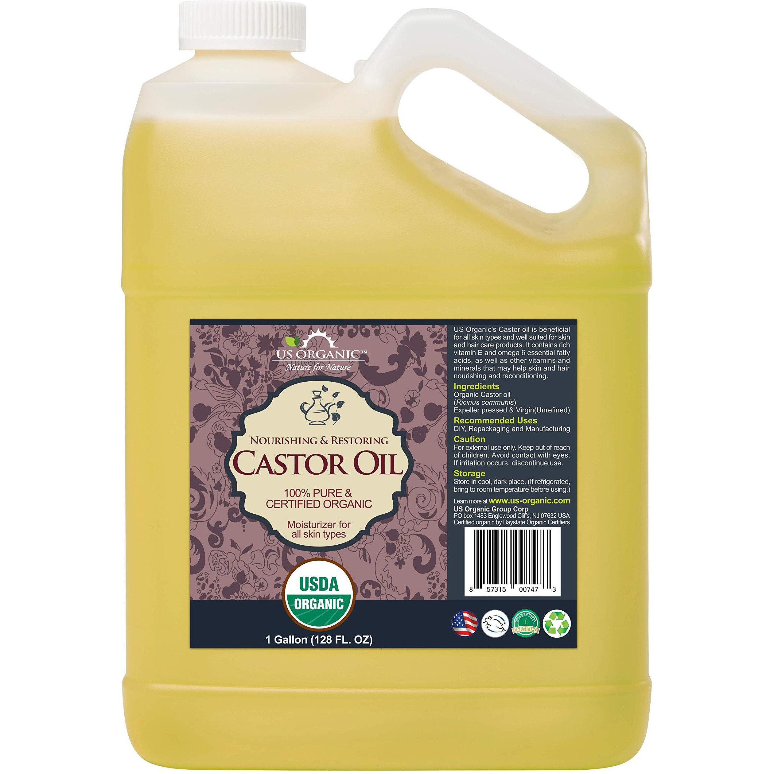 Us Organic Castor Oil, Certified Organic, Expeller Pressed, Hexane Free, Natural Moisturizing & Emollient Properties, Skin, Hair Care, Eyelashes, Size For Diy & Small Manufacturers (128 Oz (1 Gallon))