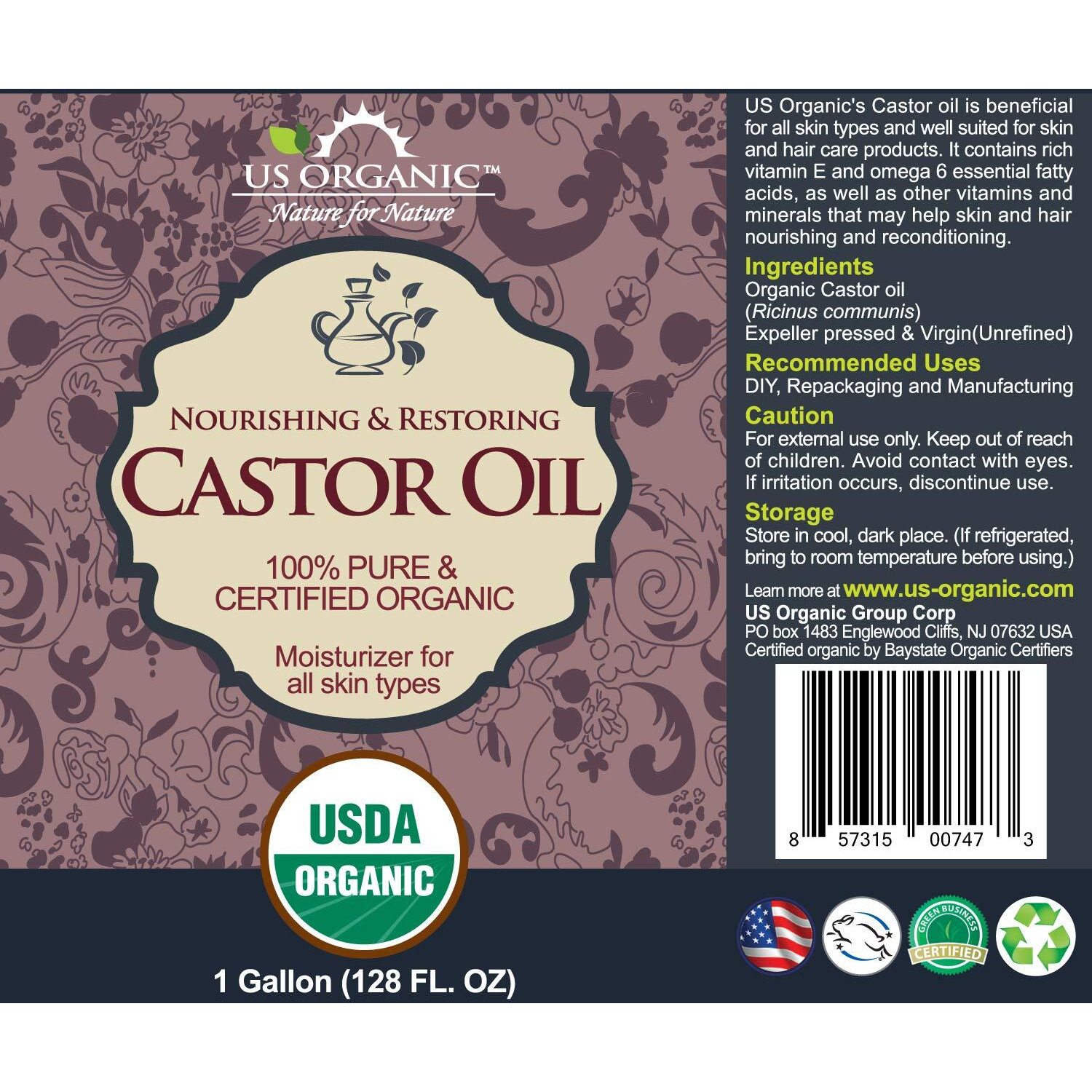 Us Organic Castor Oil, Certified Organic, Expeller Pressed, Hexane Free, Natural Moisturizing & Emollient Properties, Skin, Hair Care, Eyelashes, Size For Diy & Small Manufacturers (128 Oz (1 Gallon))