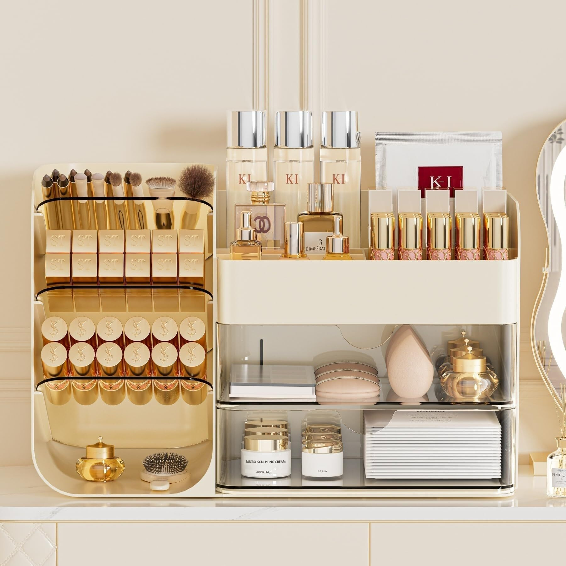 Kqjs Makeup Organizer With Drawers,Large Capacity Countertop Organizer For Vanity,Bathroom And Bedroom Desk Cosmetics Organizer,Easy To Storage Skincare,Brushes, Eyeshadow, Lotions, Lipstick