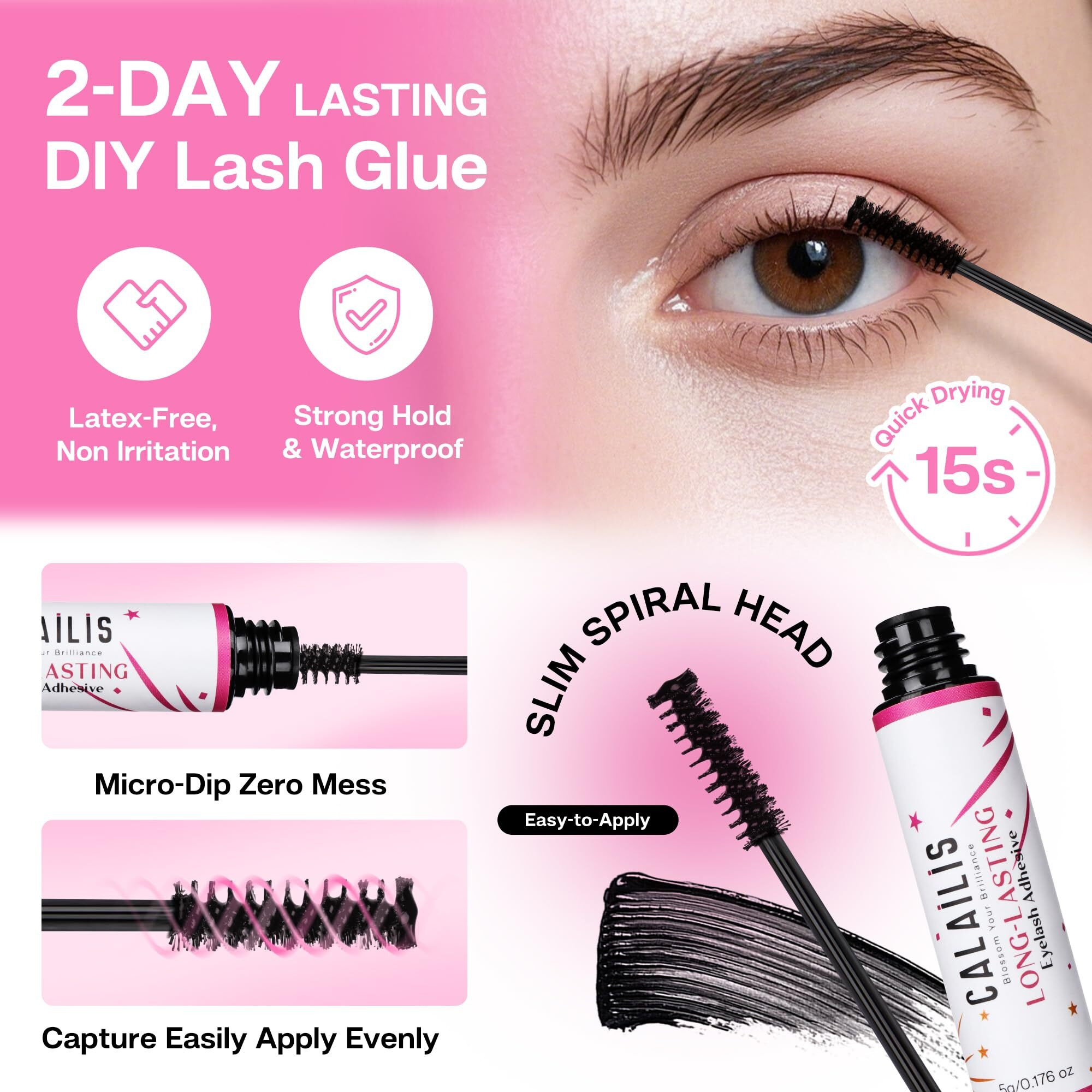 Calailis Cluster Lash Glue And Lash Remver And Lash Serum Kit, Strong Hold 48 Hours Lash Glue, Gentle Soothing Non-Irritating Lash Remover, Organic Castor Oil Eyelash Treatment Lash Serum