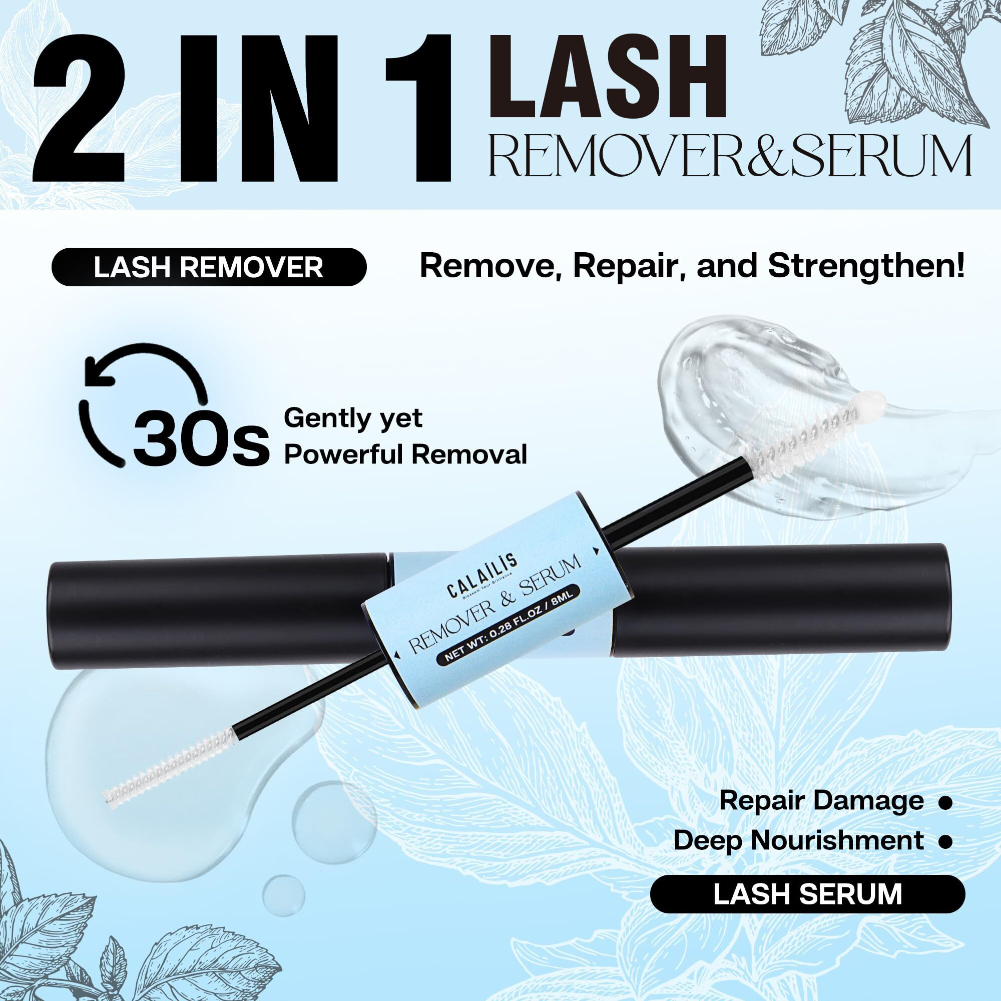Calailis Cluster Lash Glue And Lash Remver And Lash Serum Kit, Strong Hold 48 Hours Lash Glue, Gentle Soothing Non-Irritating Lash Remover, Organic Castor Oil Eyelash Treatment Lash Serum