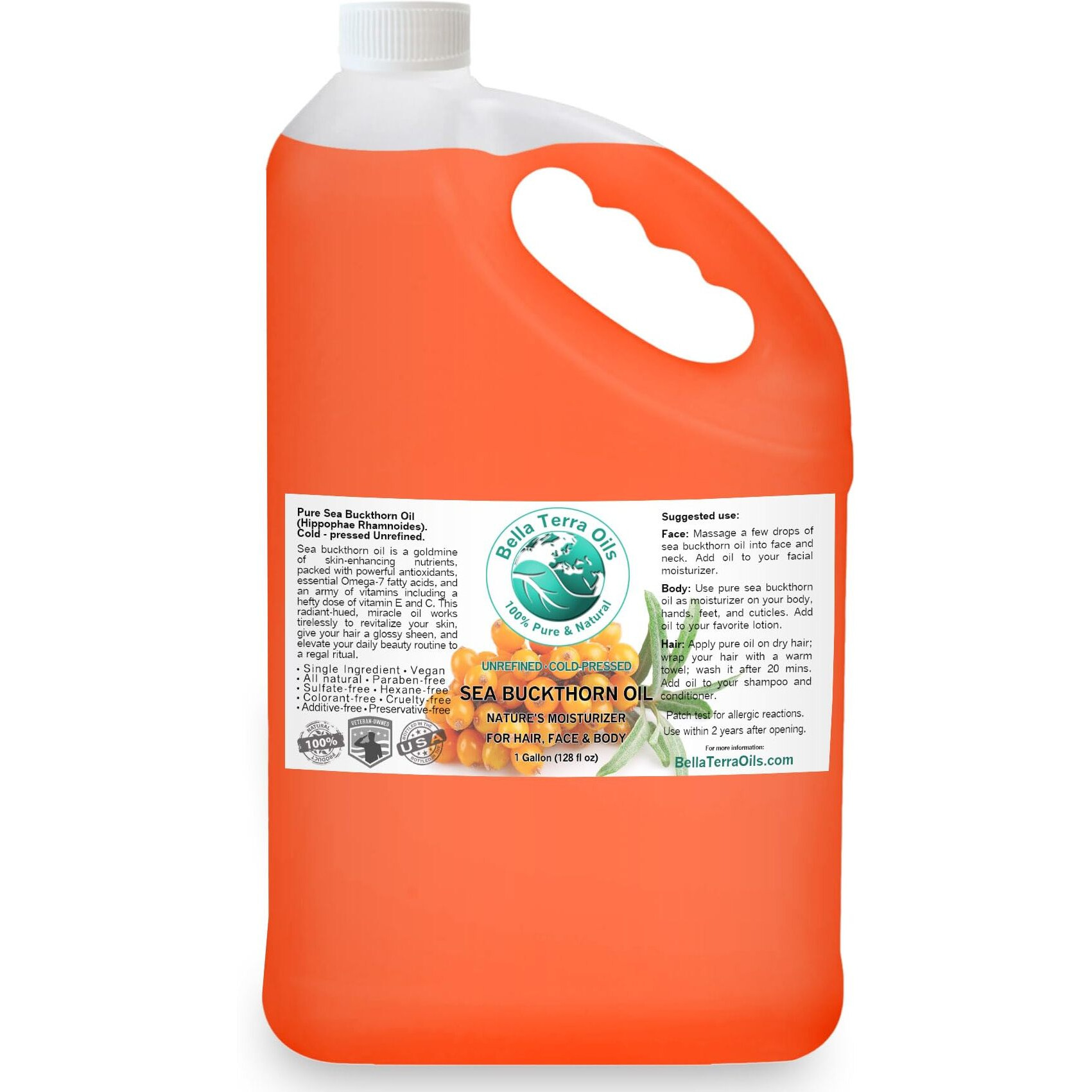Bella Terra Oils Pure Sea Buckthorn Oil - 1 Gallon, Unique Nutrient Blend, Nourishing, Non-Greasy, Radiant Glow For Skin, Softness For Hair