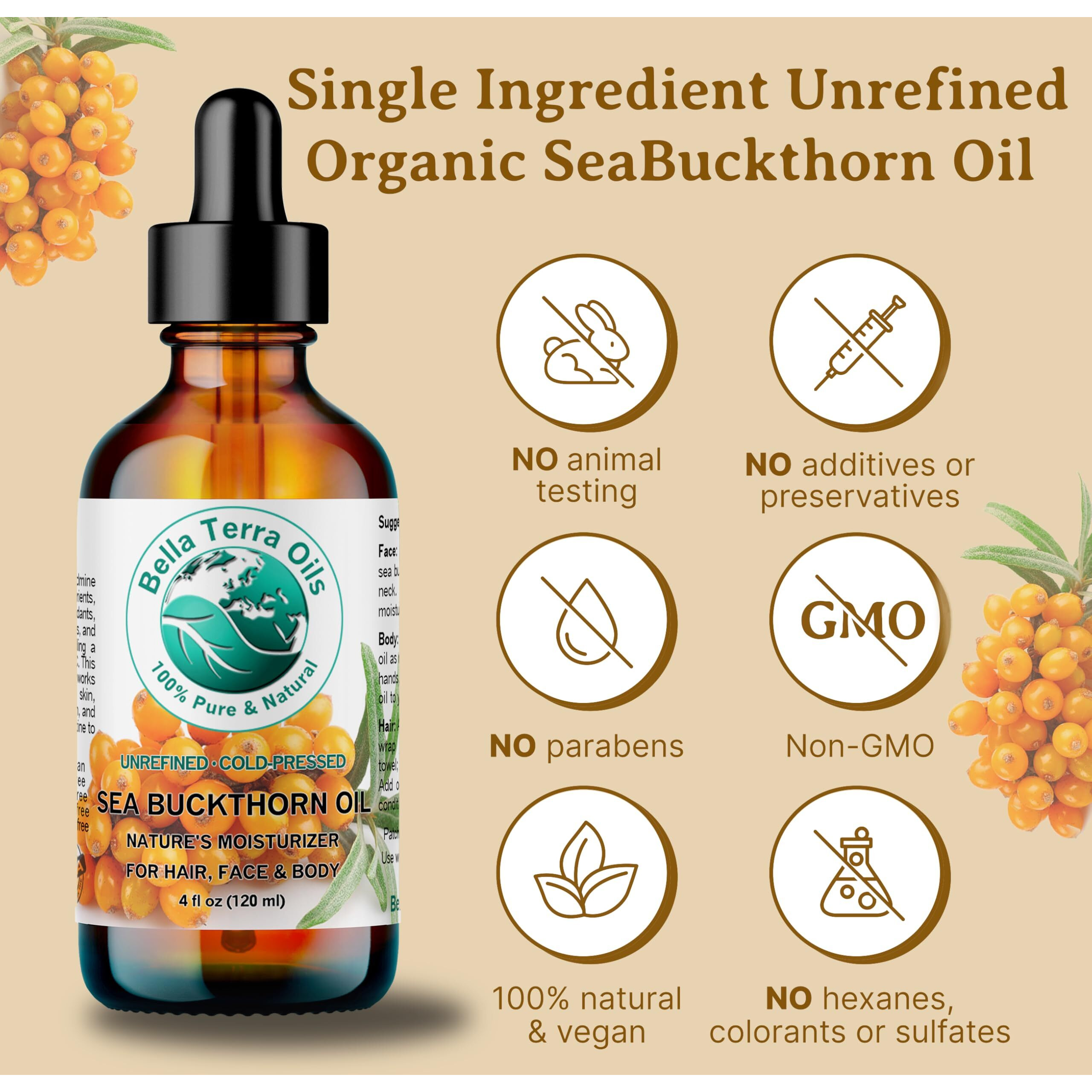 Bella Terra Oils Pure Sea Buckthorn Oil - 1 Gallon, Unique Nutrient Blend, Nourishing, Non-Greasy, Radiant Glow For Skin, Softness For Hair