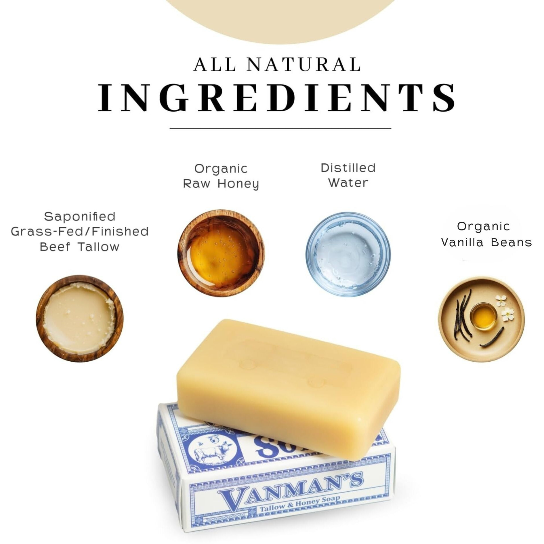 Vanman Beef Tallow And Honey Bar Soap - Pure Grass-Fed Beef Tallow For Skin With Vanilla Oil, Raw Honey & Distilled Water, Hydrating & Nourishing, Vanilla Scent, Clean Ingredients, 3.8Oz - 1 Pack