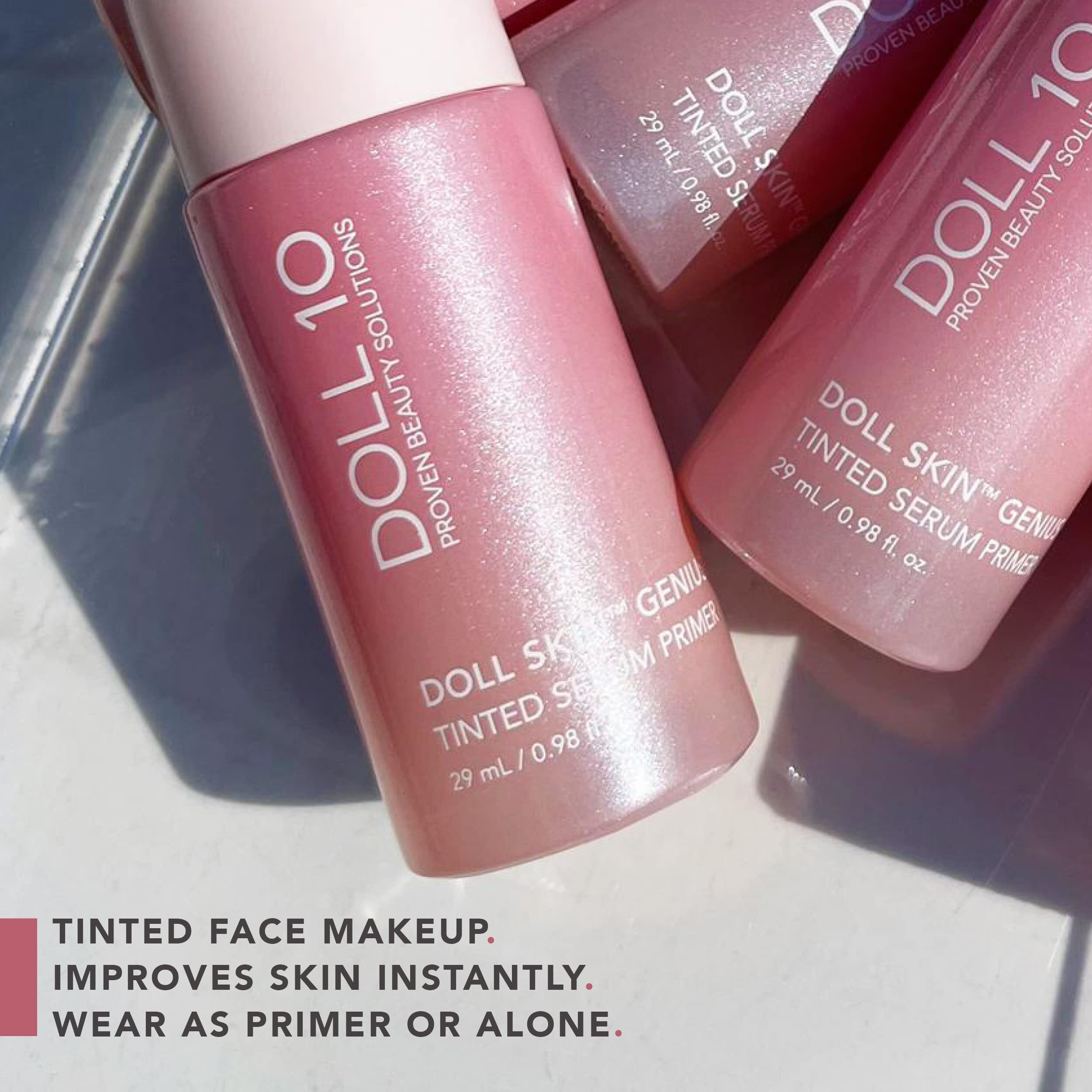 Doll 10 - Doll Skin Tinted Serum Primer - Blurs Color, Texture & Pores - Improves Skin While Wearing - Good For All Skin Types - Oil Free, Vegan, Cruelty Free & No Parabens (Light-Medium, 1 Oz)