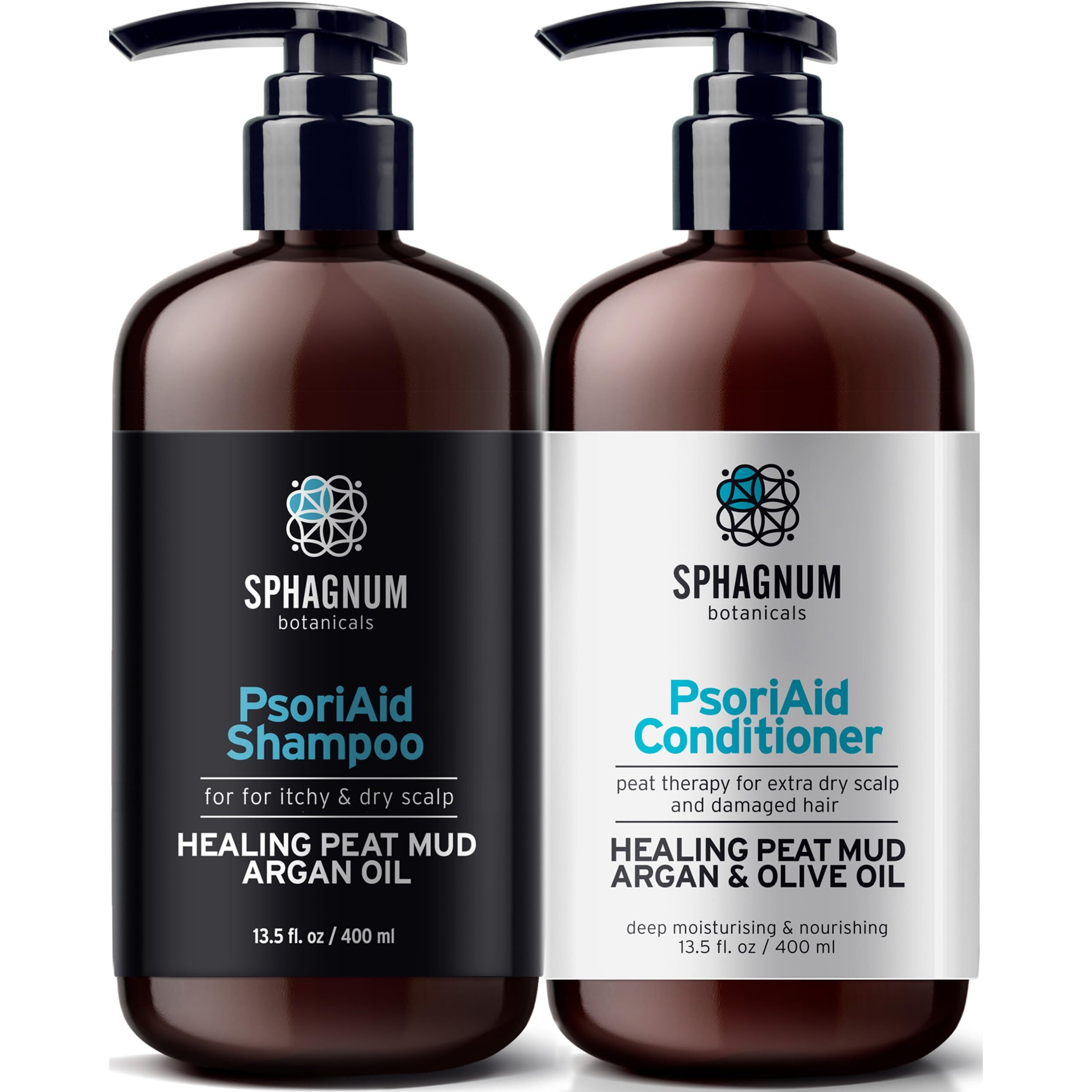 Sphagnum Botanicals Psoriasis Shampoo And Conditioner Set - Peat Mud Therapy For Red & Itchy Scalp With Argan And Olive Oil, No Coal Tar. For Both Men And Women. 2 X 13.5 Oz