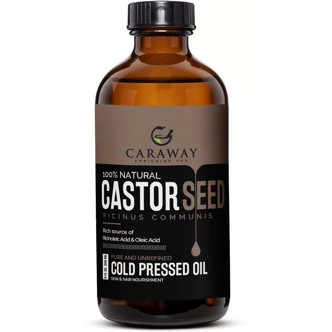 Caraway Cold Pressed Pure Castor Oil - Indian Handmade | Therapeutic Grade | Edible | For Liver Detox, Hair Growth, Eyelashes, Skin, Constipation & Joint Pain | Glass Bottle - 236Ml