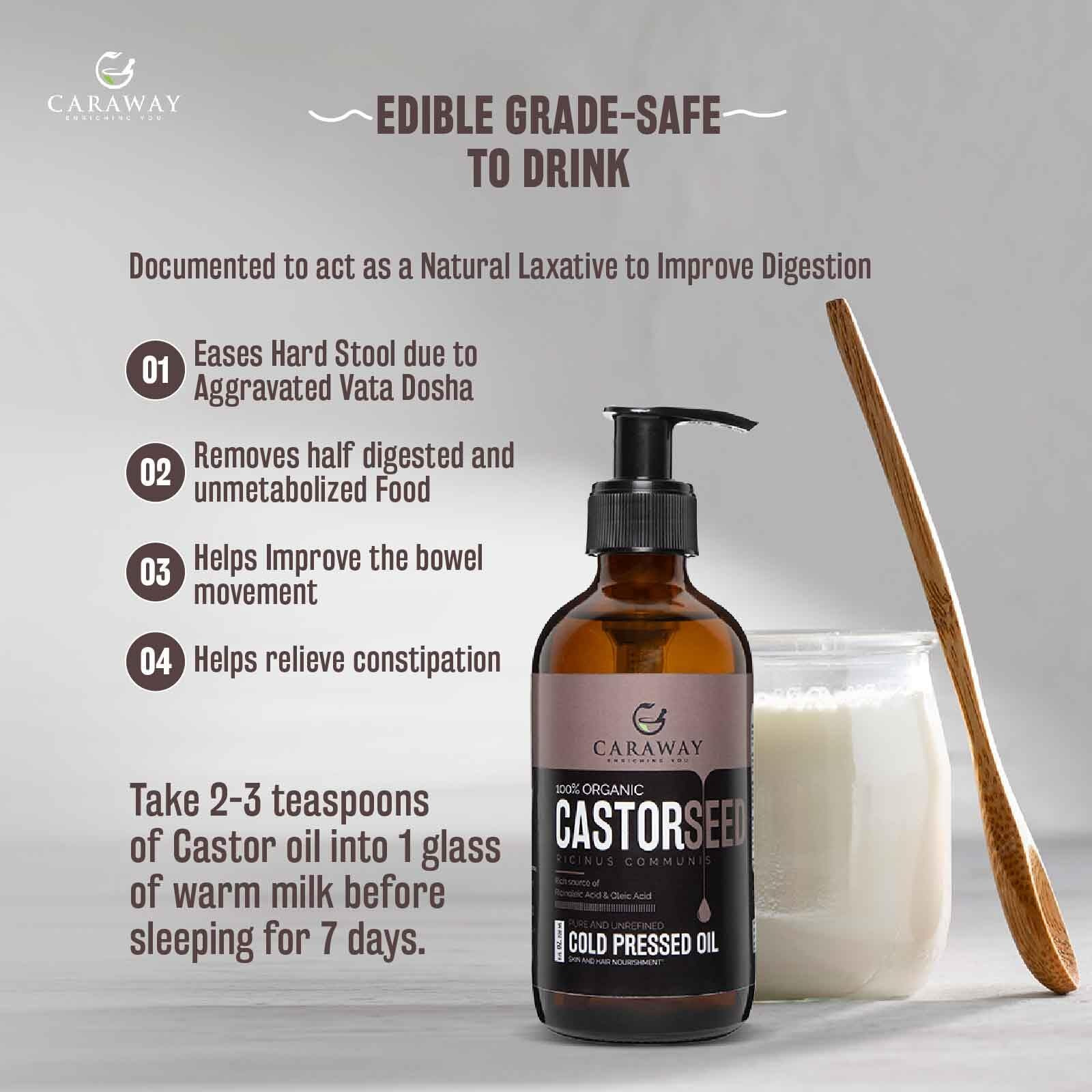 Caraway Cold Pressed Pure Castor Oil - Indian Handmade | Therapeutic Grade | Edible | For Liver Detox, Hair Growth, Eyelashes, Skin, Constipation & Joint Pain | Glass Bottle - 236Ml