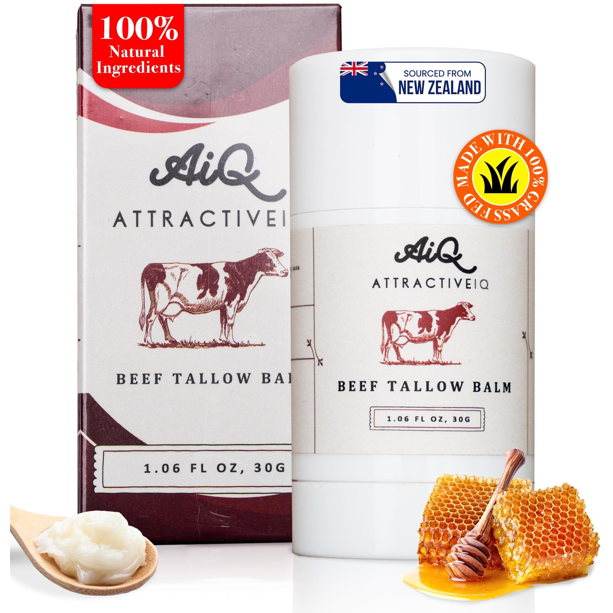 New Zealand Grass Fed Ethically-Sourced Beef Tallow For Skin- Stick With Vitamin E, Raw Honey, Olive Oil - Premium Ingredients & Cruelty-Free Tallow Face Moisturizer, Longevity & Firming - 30G