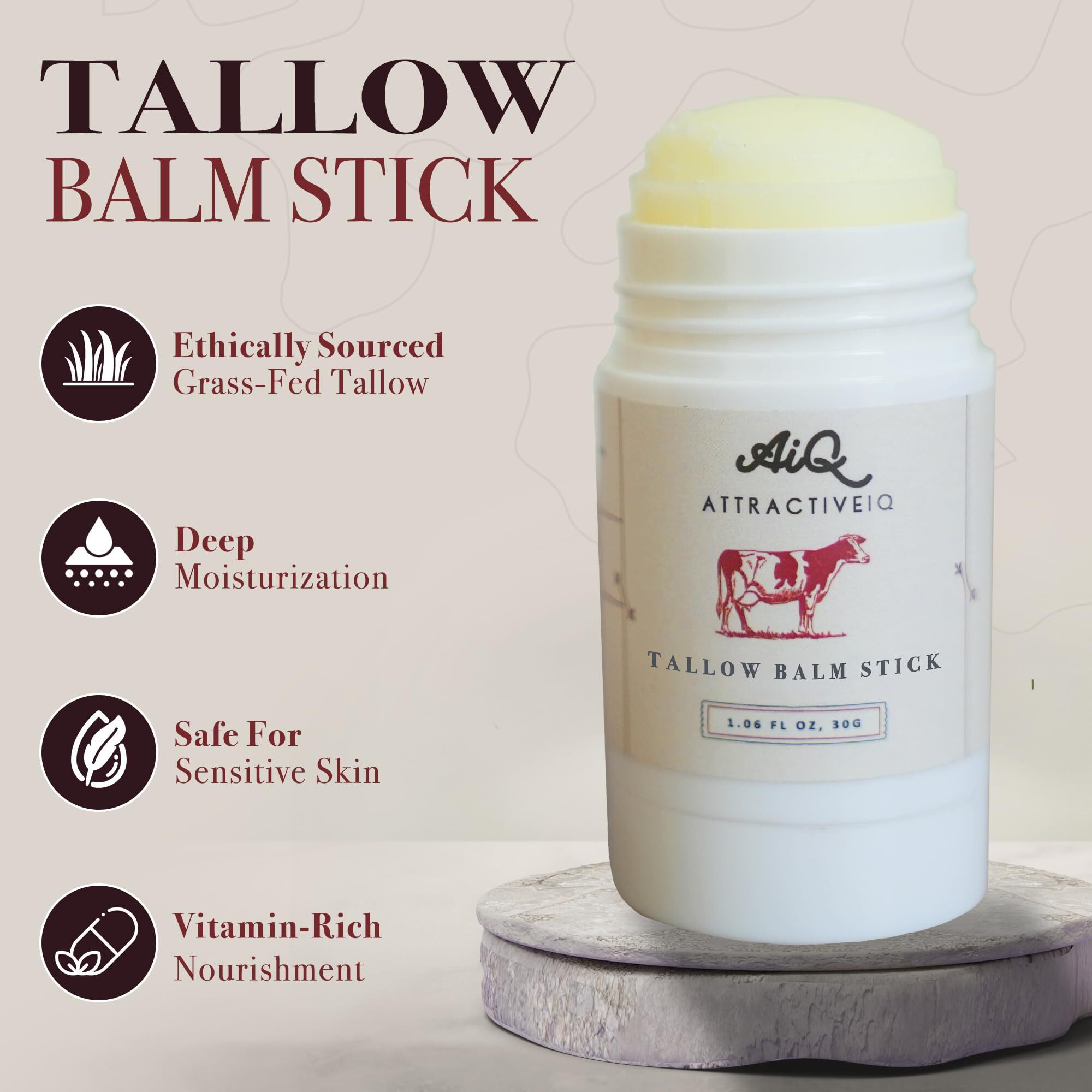 New Zealand Grass Fed Ethically-Sourced Beef Tallow For Skin- Stick With Vitamin E, Raw Honey, Olive Oil - Premium Ingredients & Cruelty-Free Tallow Face Moisturizer, Longevity & Firming - 30G