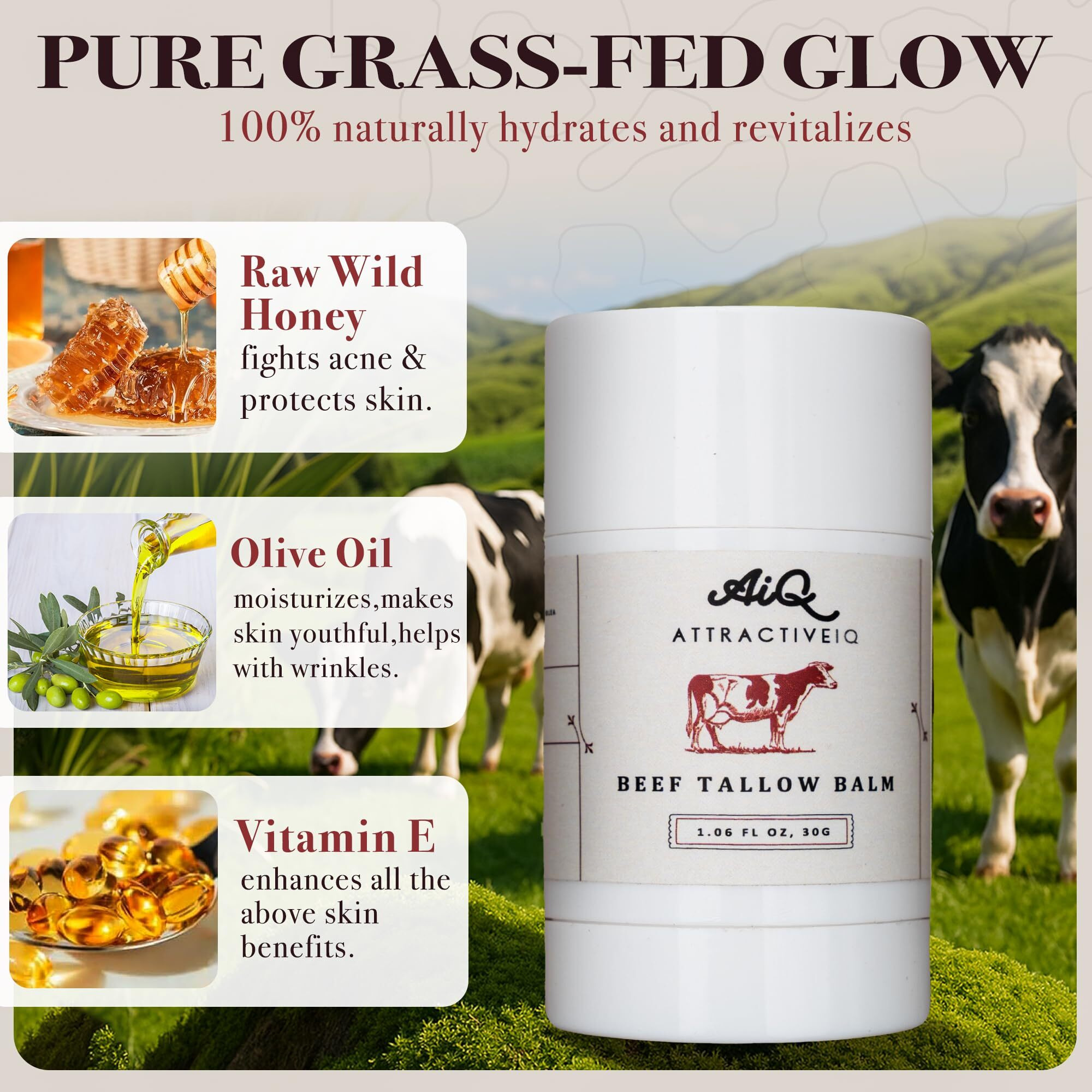 New Zealand Grass Fed Ethically-Sourced Beef Tallow For Skin- Stick With Vitamin E, Raw Honey, Olive Oil - Premium Ingredients & Cruelty-Free Tallow Face Moisturizer, Longevity & Firming - 30G