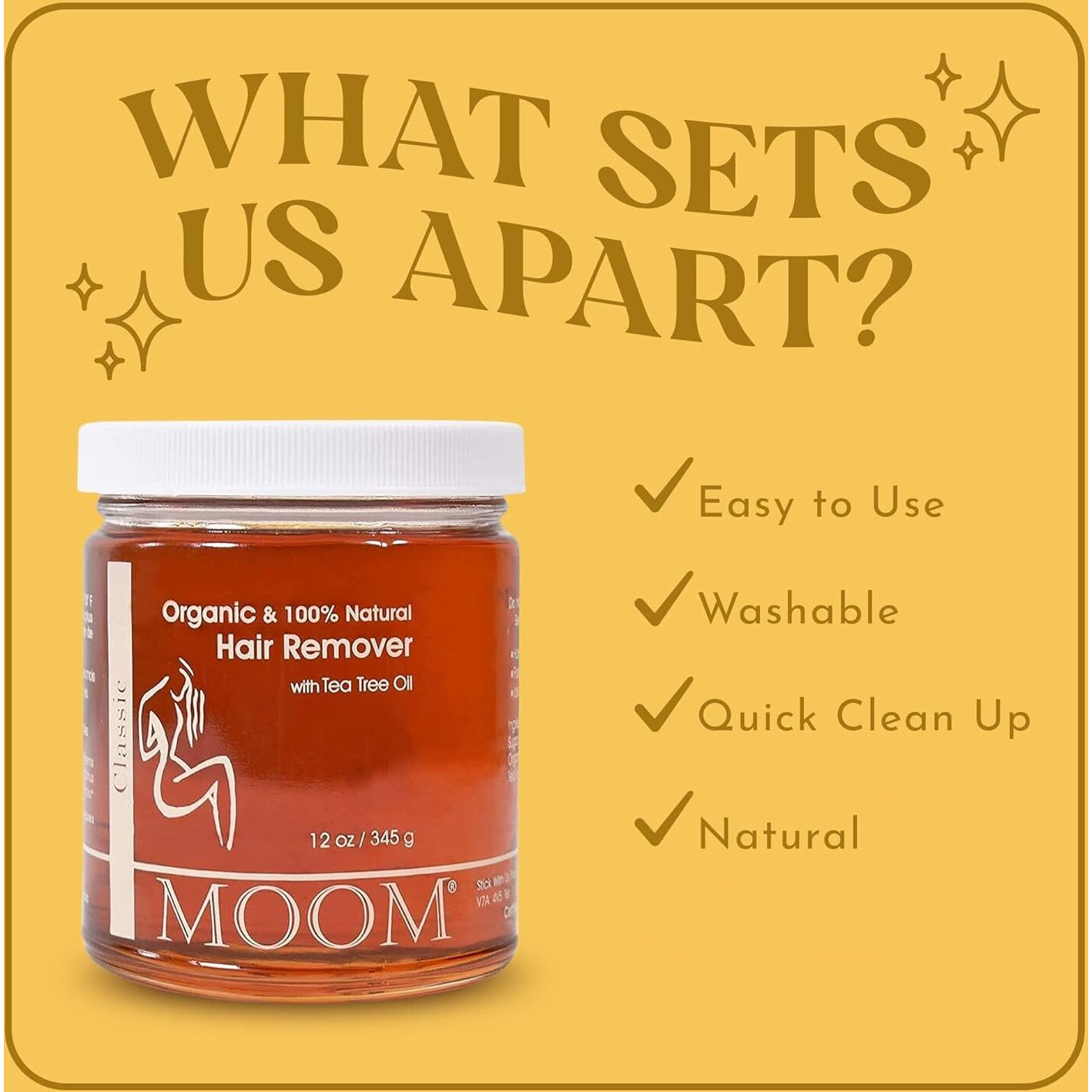 Moom Organic Sugar Wax With Tea Tree Oil, 12 Oz Jar, Hair Removal For Bikini, Brazilian, Face & Legs - Soft Wax For Sensitive Skin, Wax Beads Alternative For Women & Men (Strips & Sticks Not Included)