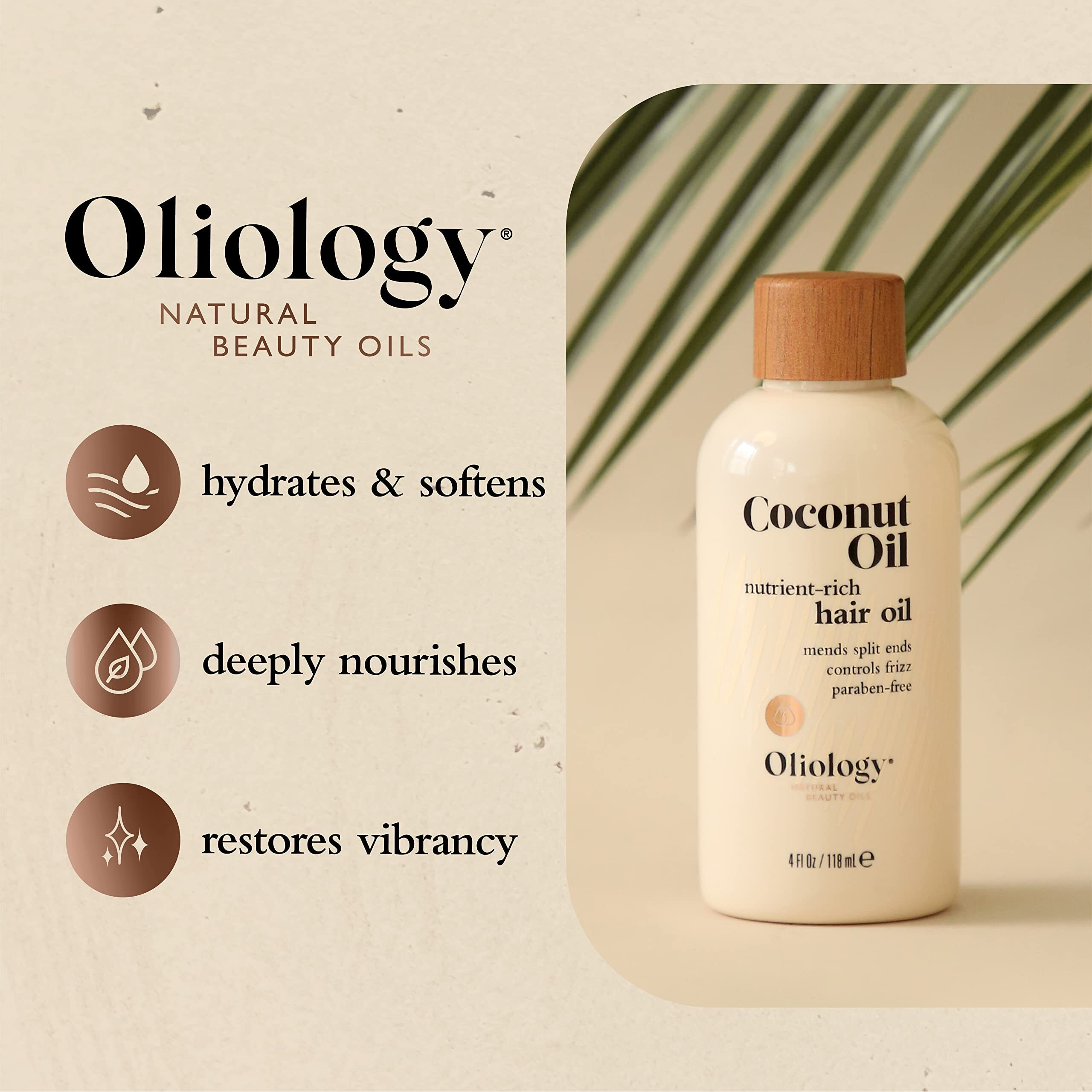 Oliology Coconut Hair Oil - Lightweight Formula Helps Repair Distressed Hair Caused By Heat Styling & Chemical Treatments | Mends Split Ends | Controls Frizz | Made In Usa & Paraben Free (4Oz/2 Pack)