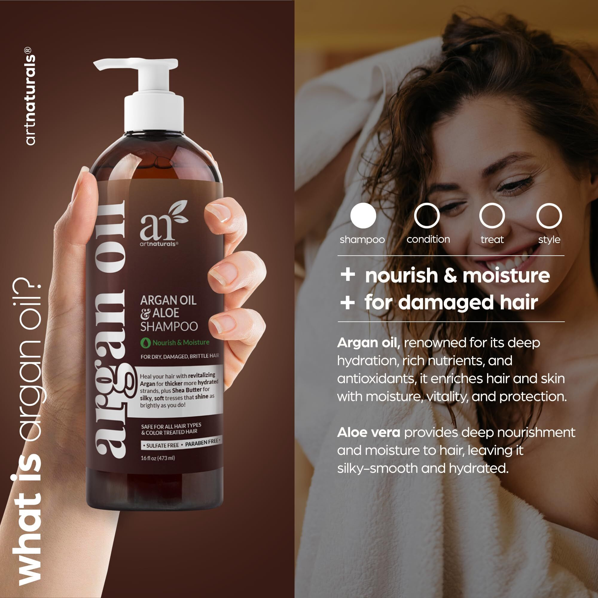 Artnaturals Moroccan Argan Oil Shampoo - (16 Fl Oz / 473Ml) - Moisturizing, Volumizing Sulfate Free Shampoo For Women, Men And Teens - Used For Colored And All Hair Types, Anti-Aging Hair Care
