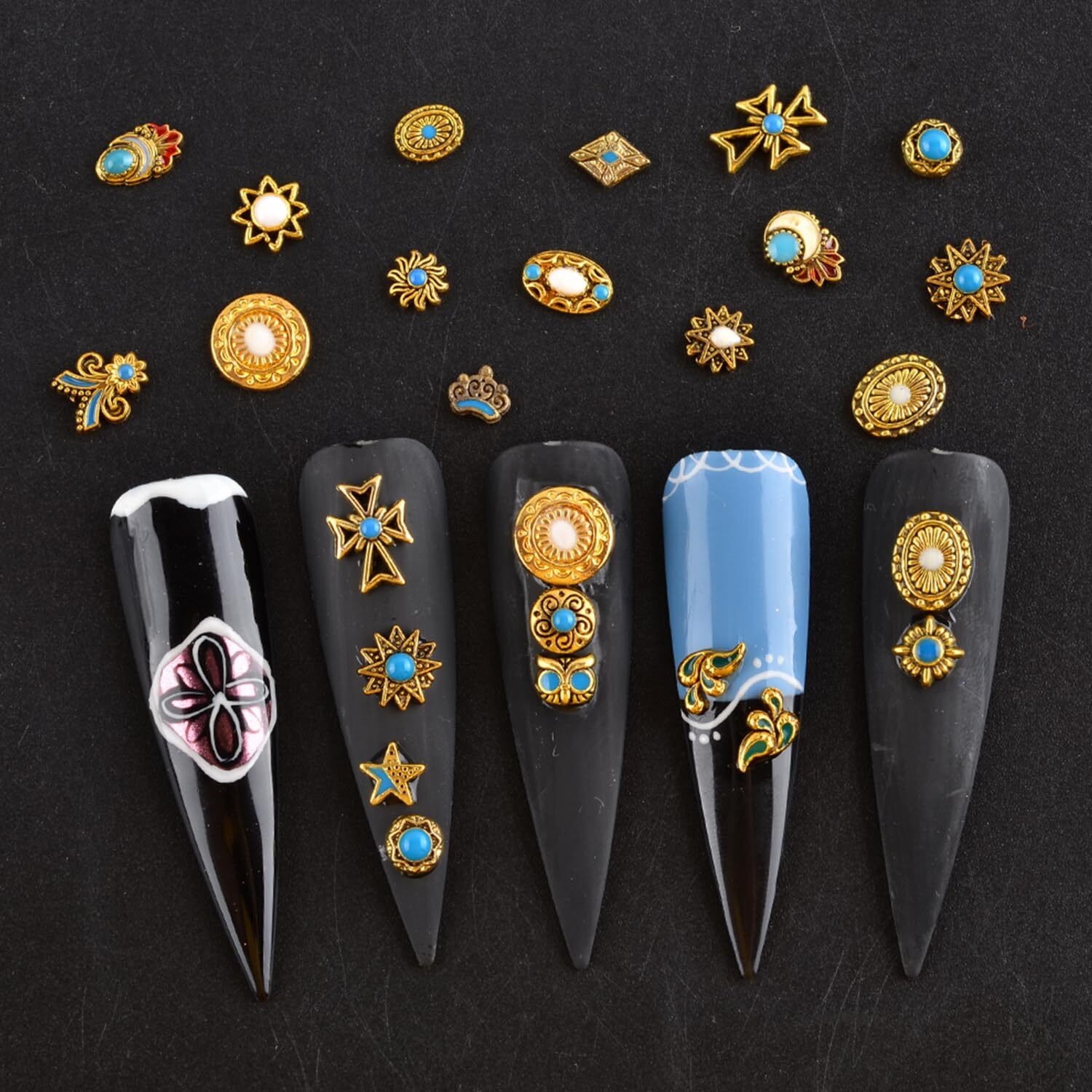 Baiyiyi 3D Mixed Pattern Vintage Alloy Nail Charms,30 Pcs Metal Retro Dripping Oil Marble Nail Art Rhinestone Nail Gems Nail Jewels For Acrylic Nails Women Diy Nail Decorations Craft Supplies