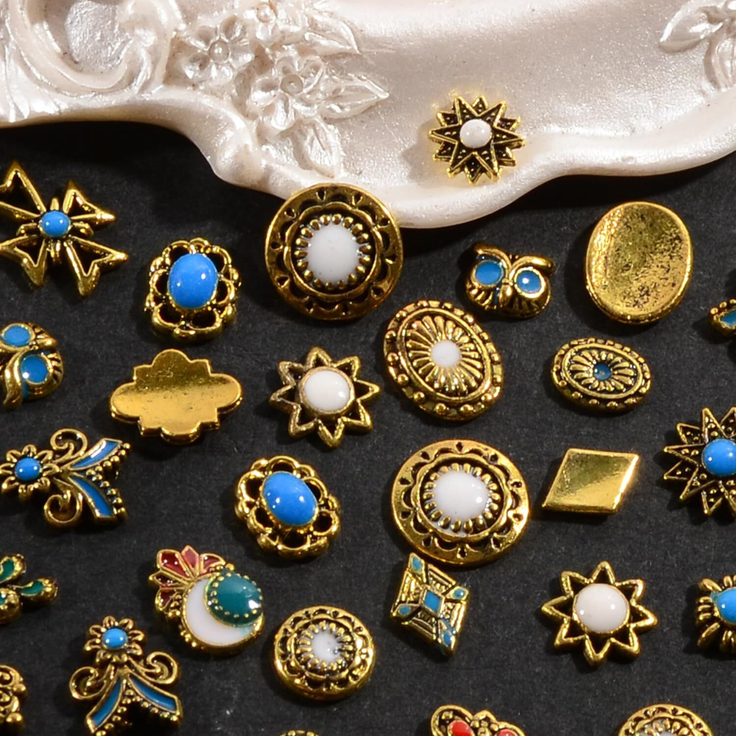 Baiyiyi 3D Mixed Pattern Vintage Alloy Nail Charms,30 Pcs Metal Retro Dripping Oil Marble Nail Art Rhinestone Nail Gems Nail Jewels For Acrylic Nails Women Diy Nail Decorations Craft Supplies