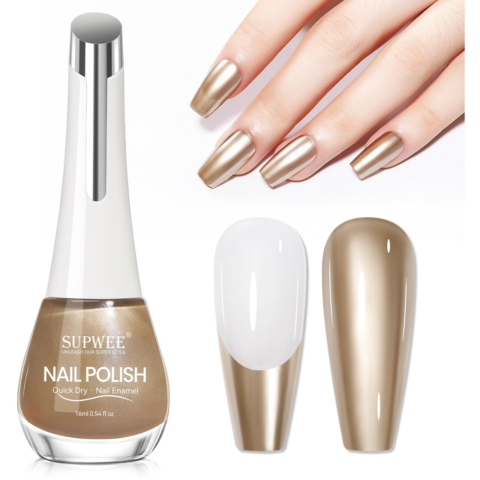 Supwee Champagne Mirror Nail Polish Quick Dry Metallic Nail Polish Non Gel High Glossy Nail Lacquer Air Dry Chrome Nails Polishes Oil-Based Holo Fingernail And Toenail