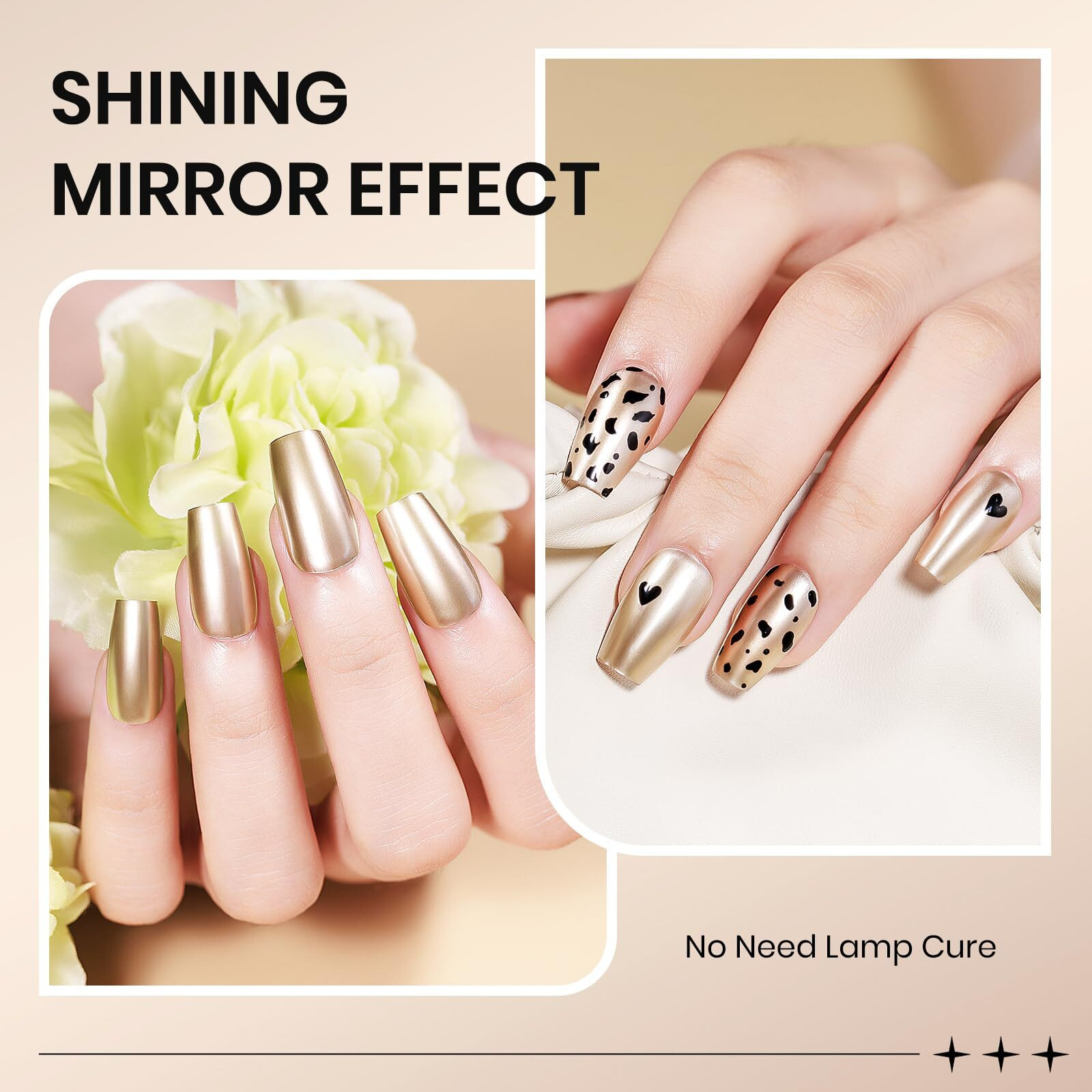 Supwee Champagne Mirror Nail Polish Quick Dry Metallic Nail Polish Non Gel High Glossy Nail Lacquer Air Dry Chrome Nails Polishes Oil-Based Holo Fingernail And Toenail
