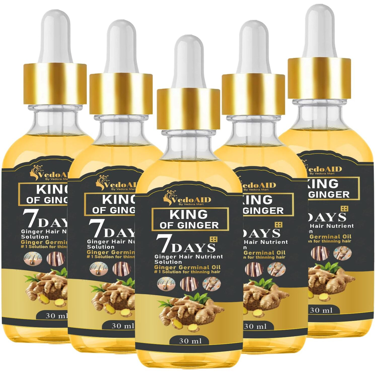 Vedoaid Ginger Oil For Hair Growth - Biotin Hair Growth Serum, 100% Pure Natural Ginger Essential Oil - Promotes Stronger, Thicker, Longer Hair In Women & Men (5Pc, Premium)