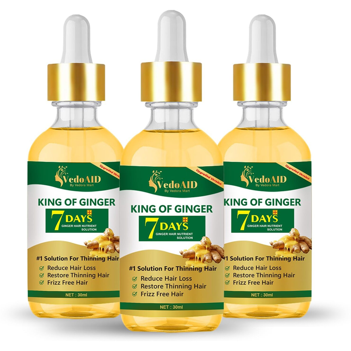 Vedoaid Ginger Oil For Hair Growth - Biotin Hair Growth Serum, 100% Pure Natural Ginger Essential Oil - Promotes Stronger, Thicker, Longer Hair In Women & Men (3Pc, Upgraded)