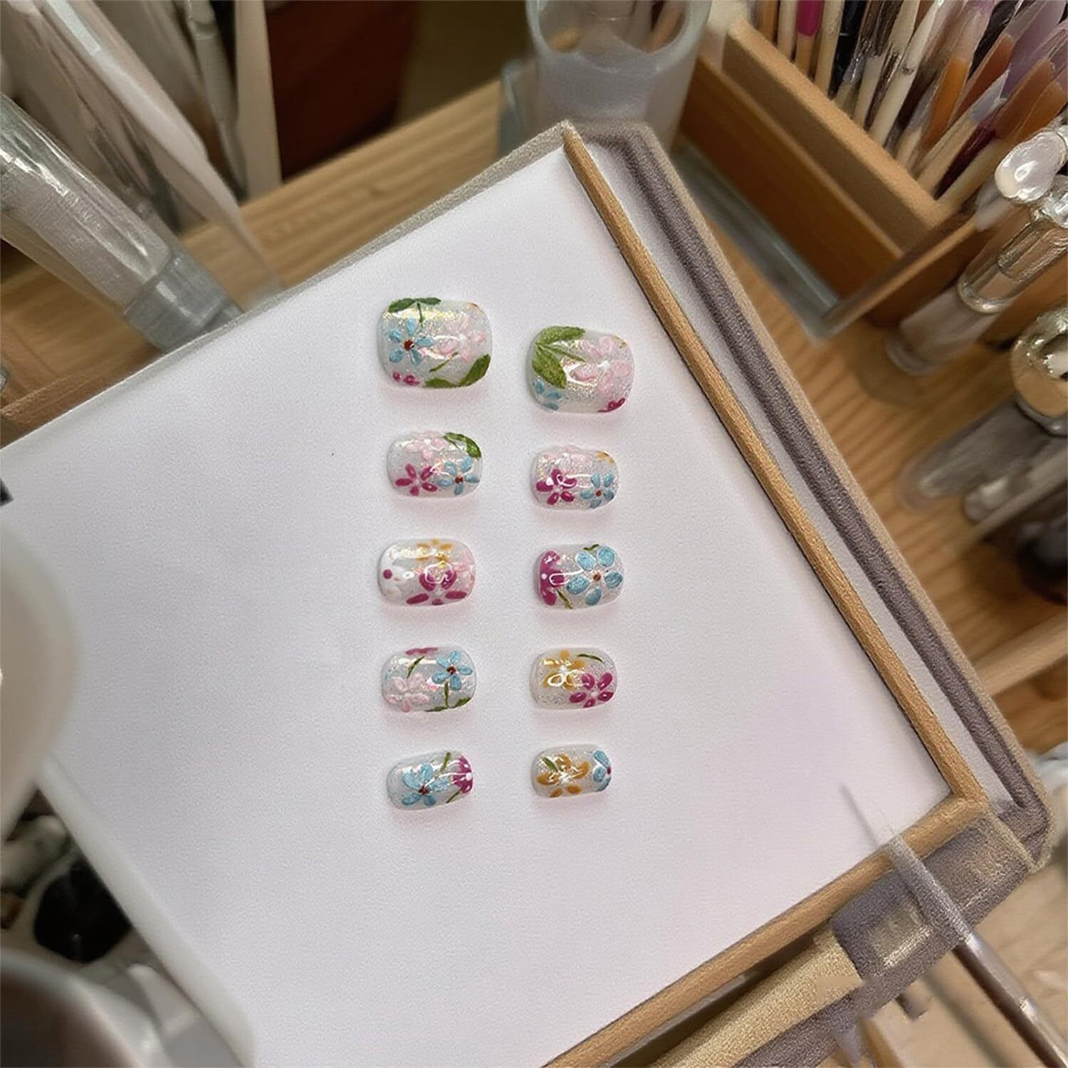 Handmade Press On Nails Short Square Fake Nails Summer False Nails Luxury Cute Flower Full Cover Stick On Nails Glue On Nails Floral Nails Acrylic Nails For Women Girls (Oil Painting M)