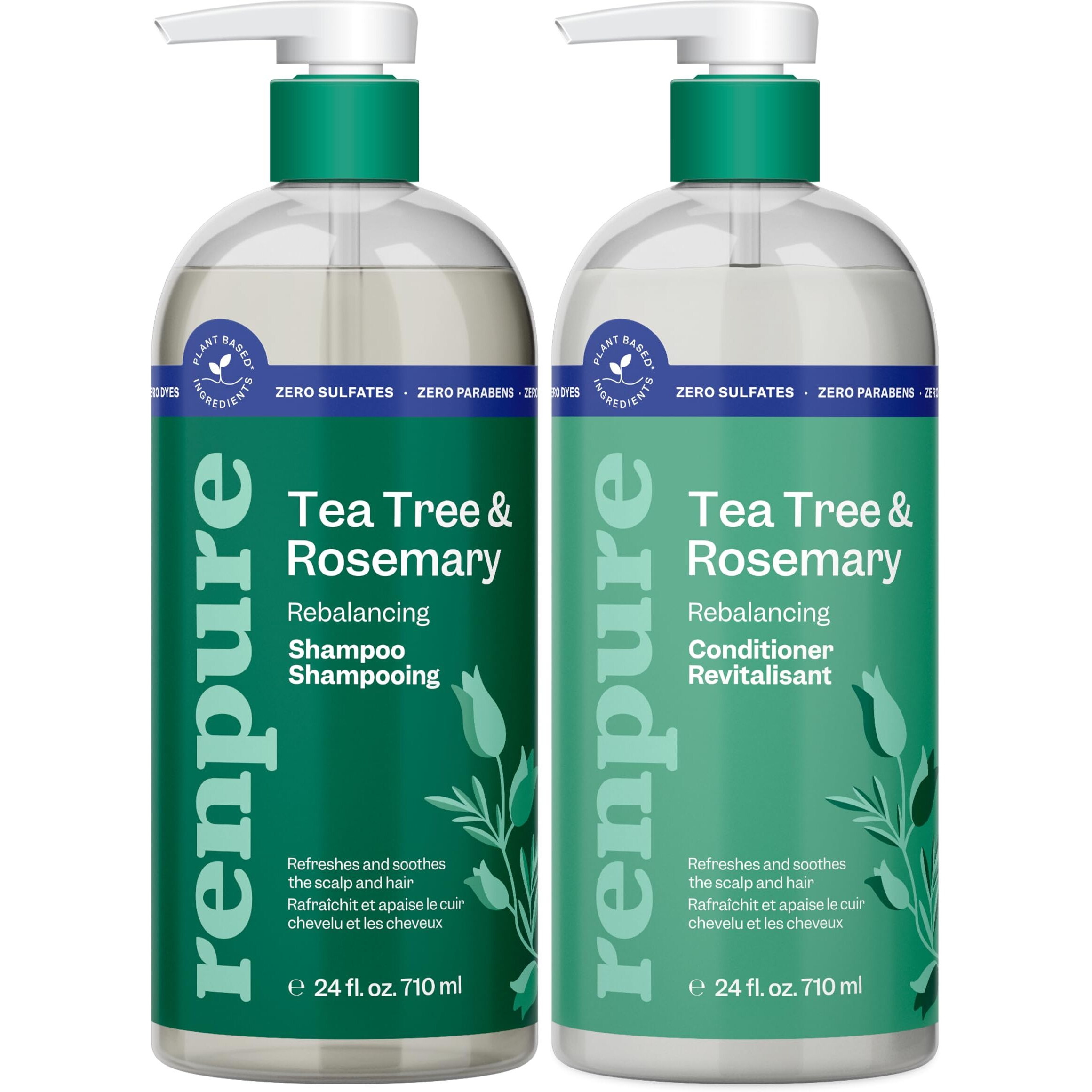 Renpure Tea Tree & Rosemary Shampoo & Conditioner Set, Plant Based - Refreshes & Rebalances Hair And Scalp - For Oily/Normal Hair - Tea Tree Leaf Oil, Rosemary Leaf Extract - 24 Fl Oz Each, 2 Pack