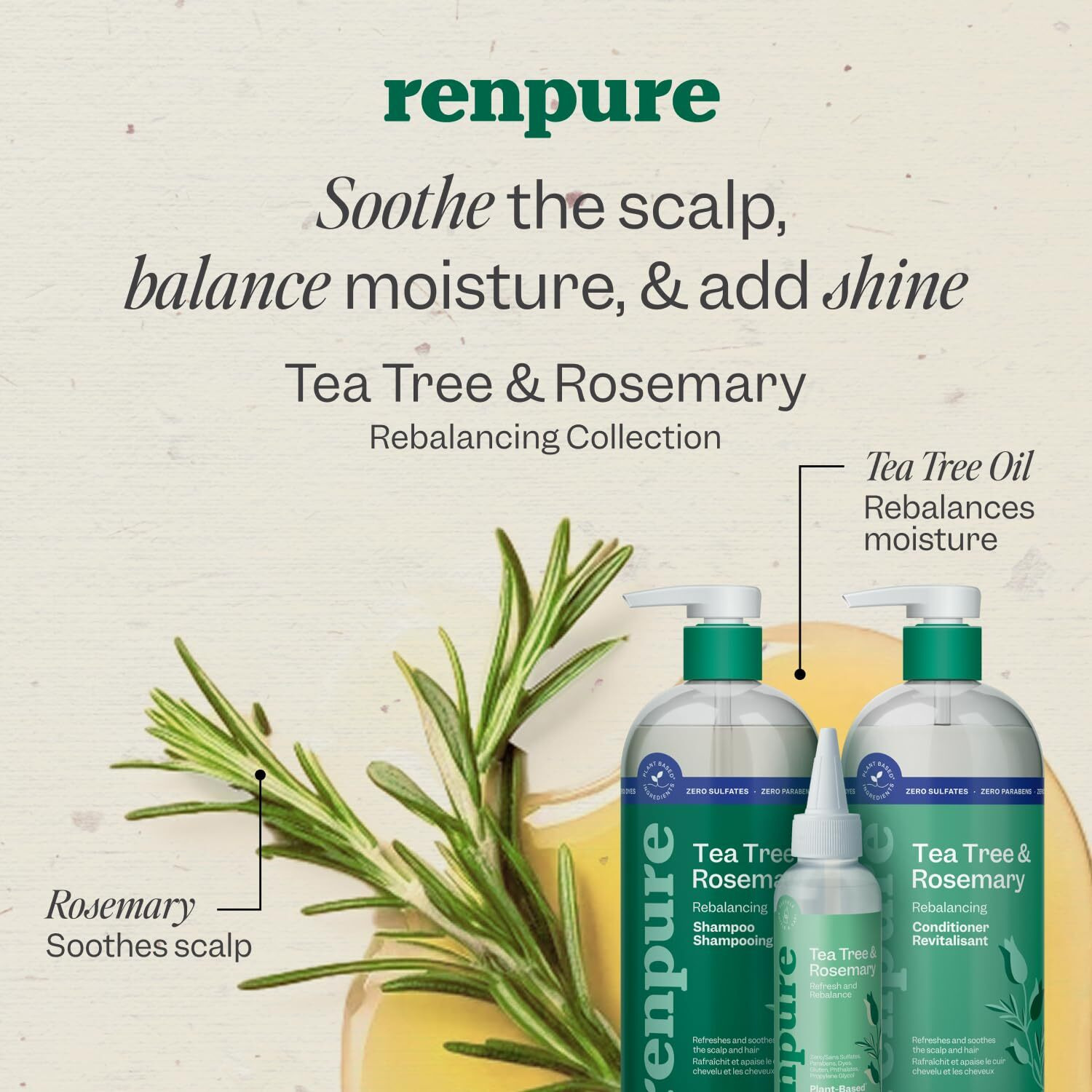 Renpure Tea Tree & Rosemary Shampoo & Conditioner Set, Plant Based - Refreshes & Rebalances Hair And Scalp - For Oily/Normal Hair - Tea Tree Leaf Oil, Rosemary Leaf Extract - 24 Fl Oz Each, 2 Pack