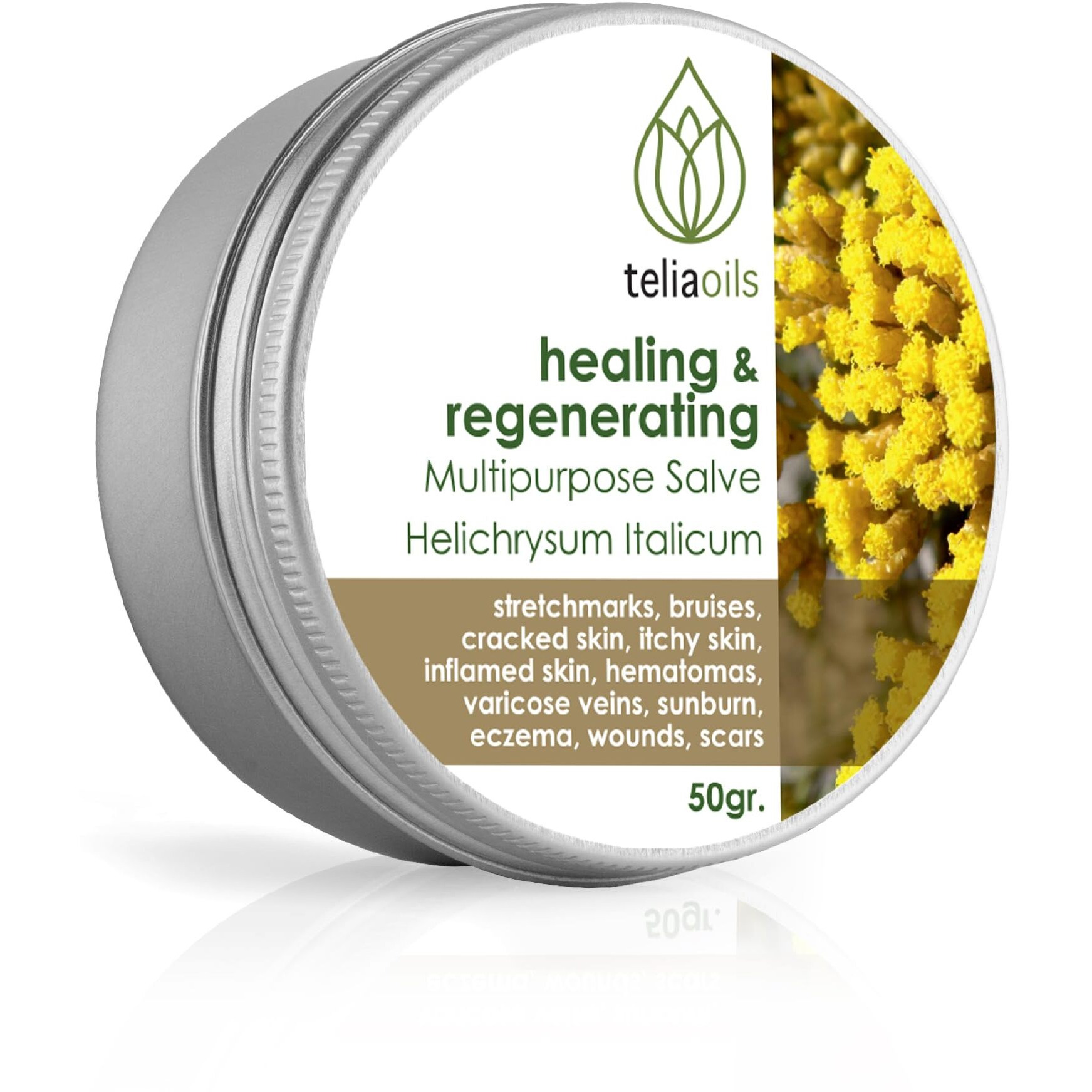 Teliaoils Helichrysum Italicum Multipurpose Salve | Helichrysum Oil | Soothing & Hydrating Relieving Balm | Irritated Skin, Stretch Marks, Varicose Veins & Wrinkles | Adults & Kids | 1.7Oz/ 50Gr |