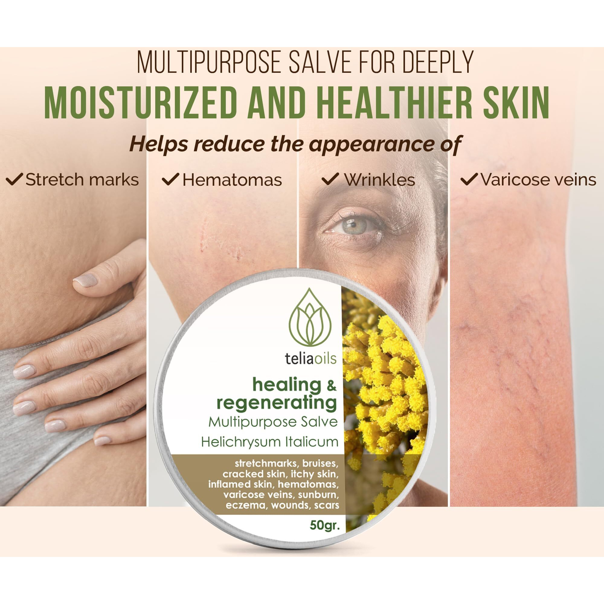 Teliaoils Helichrysum Italicum Multipurpose Salve | Helichrysum Oil | Soothing & Hydrating Relieving Balm | Irritated Skin, Stretch Marks, Varicose Veins & Wrinkles | Adults & Kids | 1.7Oz/ 50Gr |