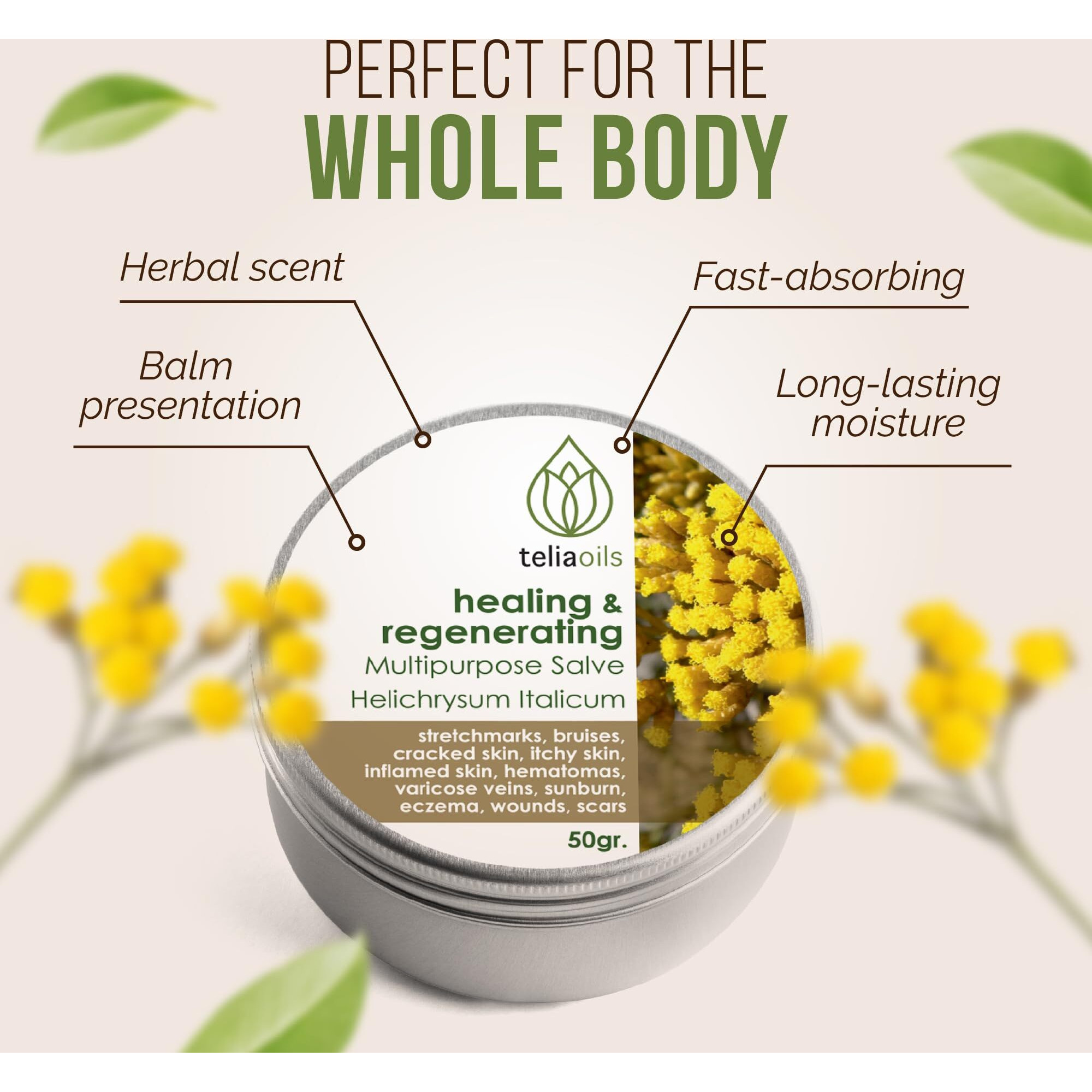 Teliaoils Helichrysum Italicum Multipurpose Salve | Helichrysum Oil | Soothing & Hydrating Relieving Balm | Irritated Skin, Stretch Marks, Varicose Veins & Wrinkles | Adults & Kids | 1.7Oz/ 50Gr |