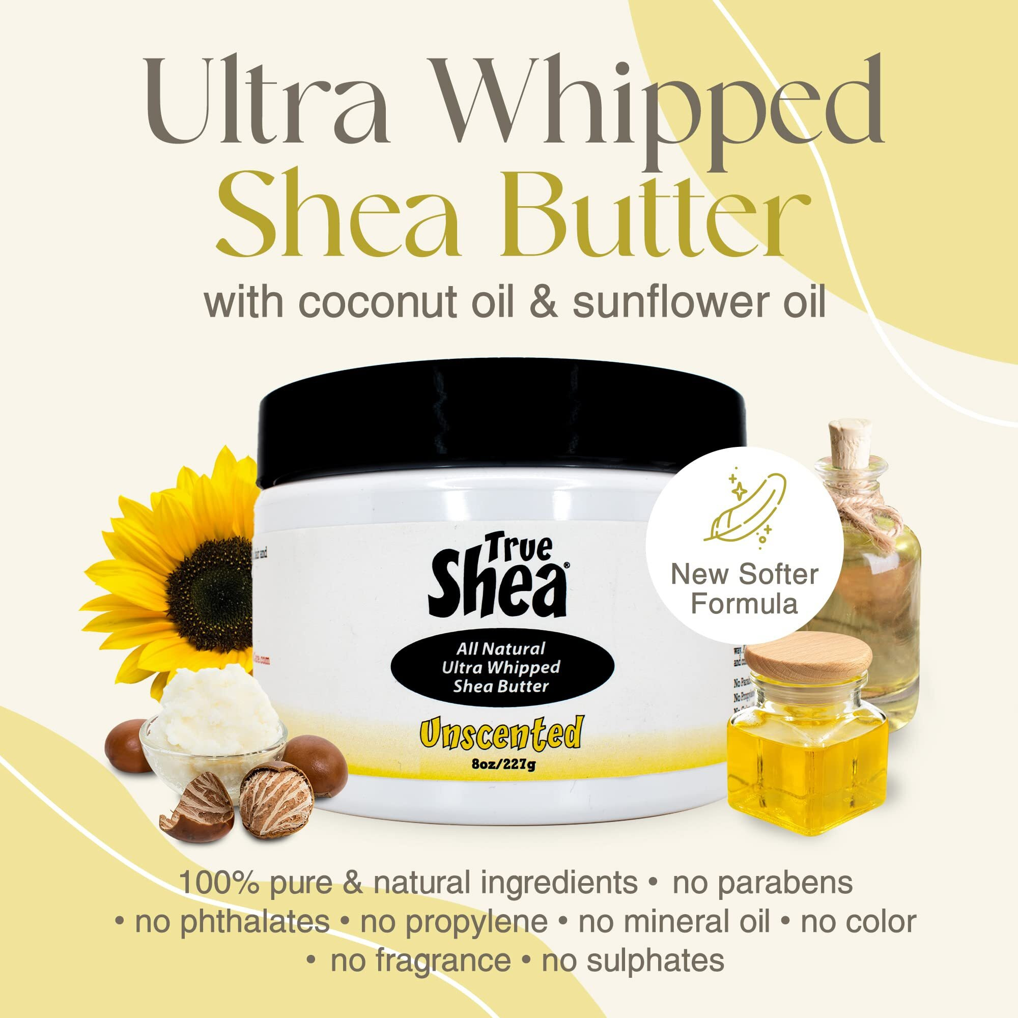 True Shea - Moisturizing African Whipped Shea Butter, All-Natural Unscented Skincare Must - Have, Made From Unrefined Raw Shea Butter Enriched With Sunflower Oil Coconut For Skin, No Parabens, 8 Oz