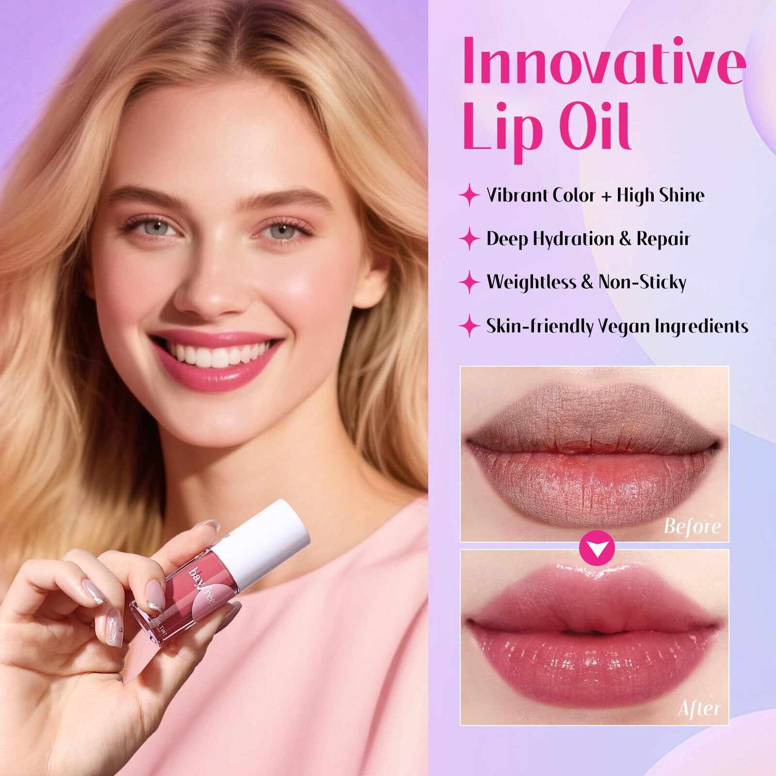 Bayfree Tinted Lip Oil Stain Set, Hydrating High Shine Lip Gloss Set, Long-Lasting Bright Color Lipgloss For Dull Lips, Weightless & Non-Sticky, Vegan Korean Makeup, Crystal Finish