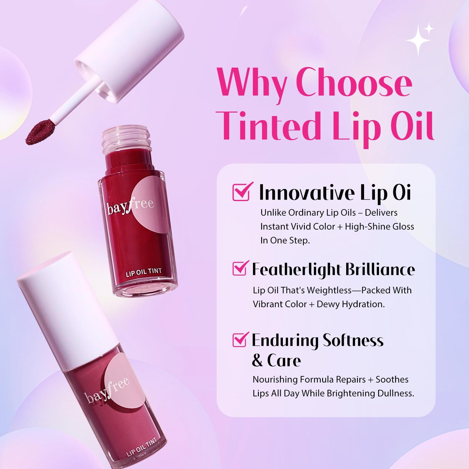 Bayfree Tinted Lip Oil Stain Set, Hydrating High Shine Lip Gloss Set, Long-Lasting Bright Color Lipgloss For Dull Lips, Weightless & Non-Sticky, Vegan Korean Makeup, Crystal Finish