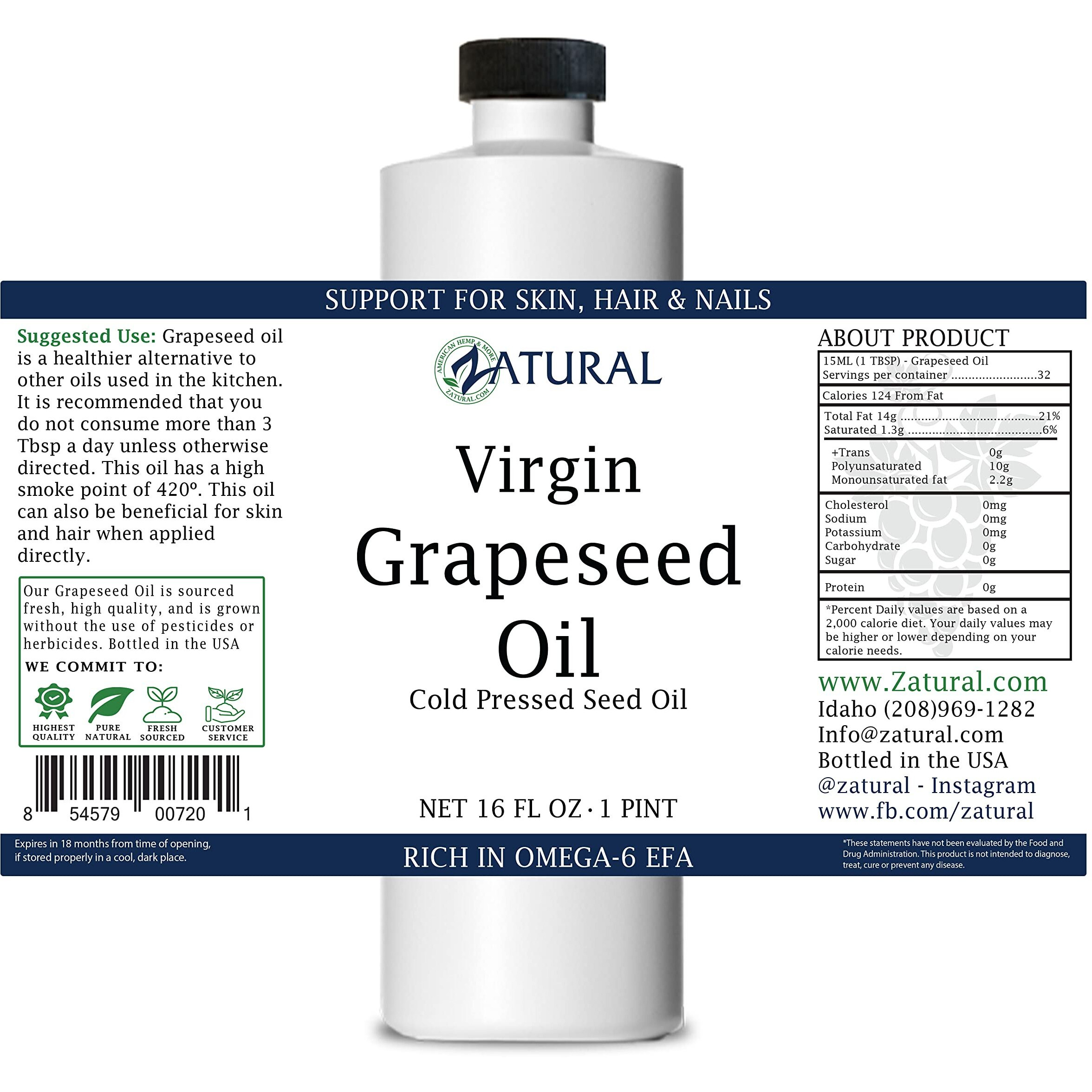 Zatural Grapeseed Oil Organically Grown 100% Pure Cold Pressed Virgin High Tempurature Cooking Oil (16Oz)