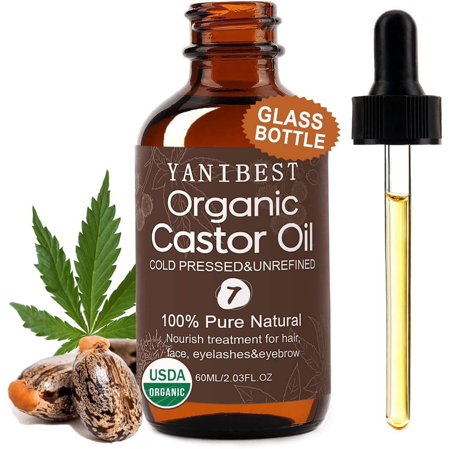 Yanibest Organic Castor Oil, Cold Pressed Unrefined Glass Bottle, 100% Natural Usda Certified Castor Oil For Hair, Eyelashes, Face, Eyebrows, Scalp & Hair Strengthening Oil For All Hair Types