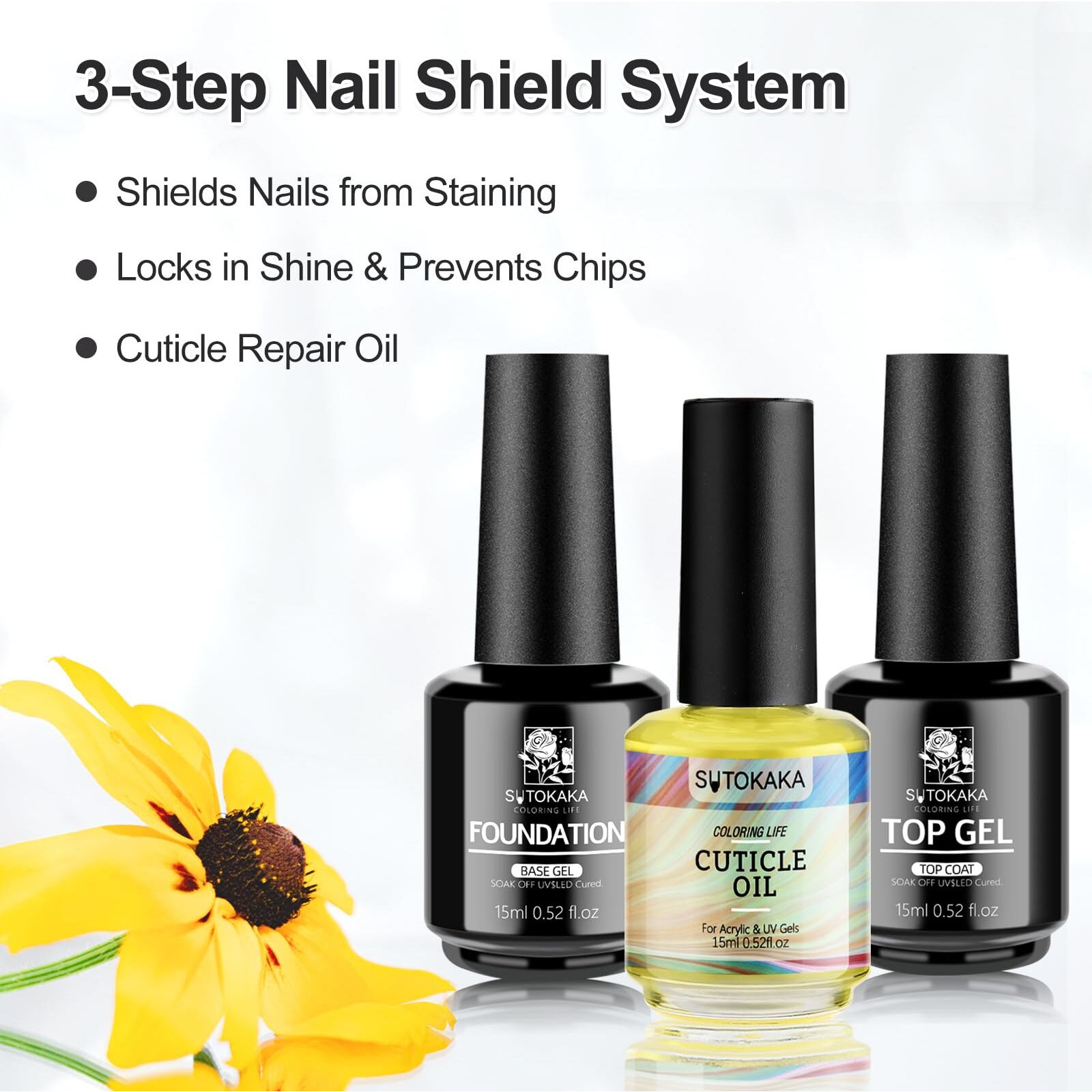 Sutokaka 3Pcs 15Ml Base Top Coat Set With Cuticle Oil Soak-Off Uv Cured Glossy Top Gel Base Coat No Wipe Combination Fast Air Dry Nail Care Nutritive Oil For Manicure Pedicure Nail Supplies
