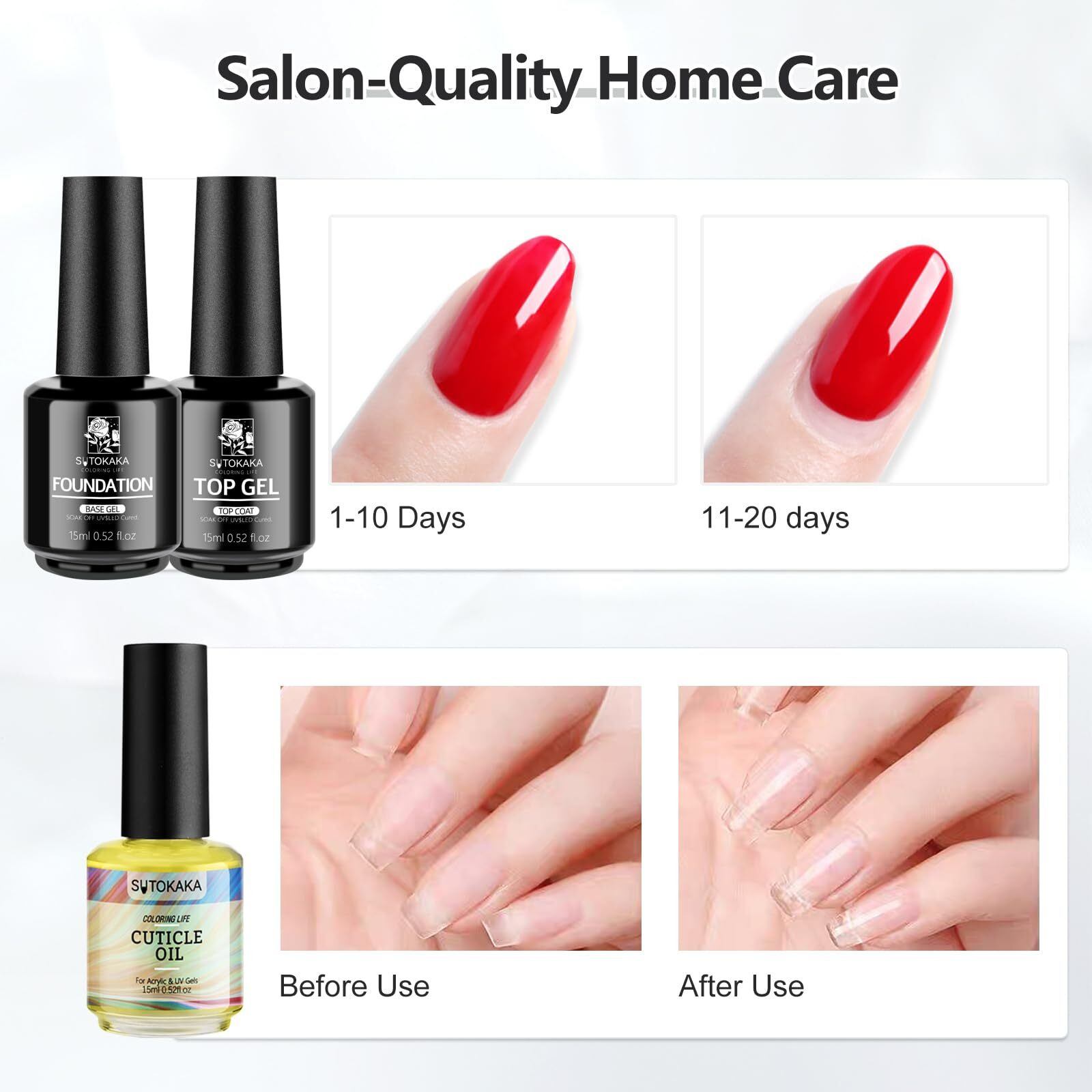 Sutokaka 3Pcs 15Ml Base Top Coat Set With Cuticle Oil Soak-Off Uv Cured Glossy Top Gel Base Coat No Wipe Combination Fast Air Dry Nail Care Nutritive Oil For Manicure Pedicure Nail Supplies