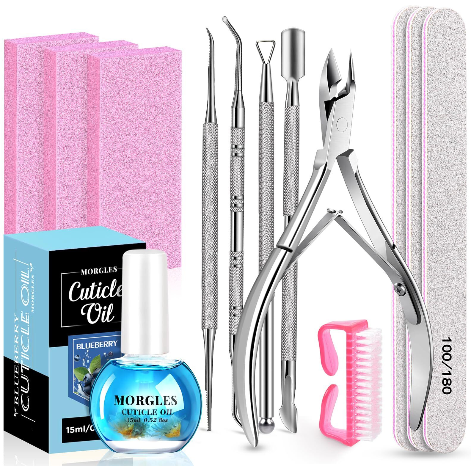 Morgles Nail Files And Buffers Set, Manicure Kit For Women With Blueberry Cuticle Oil, 13 Pcs Nail Care Kit With Cuticle Trimmer And Pusher