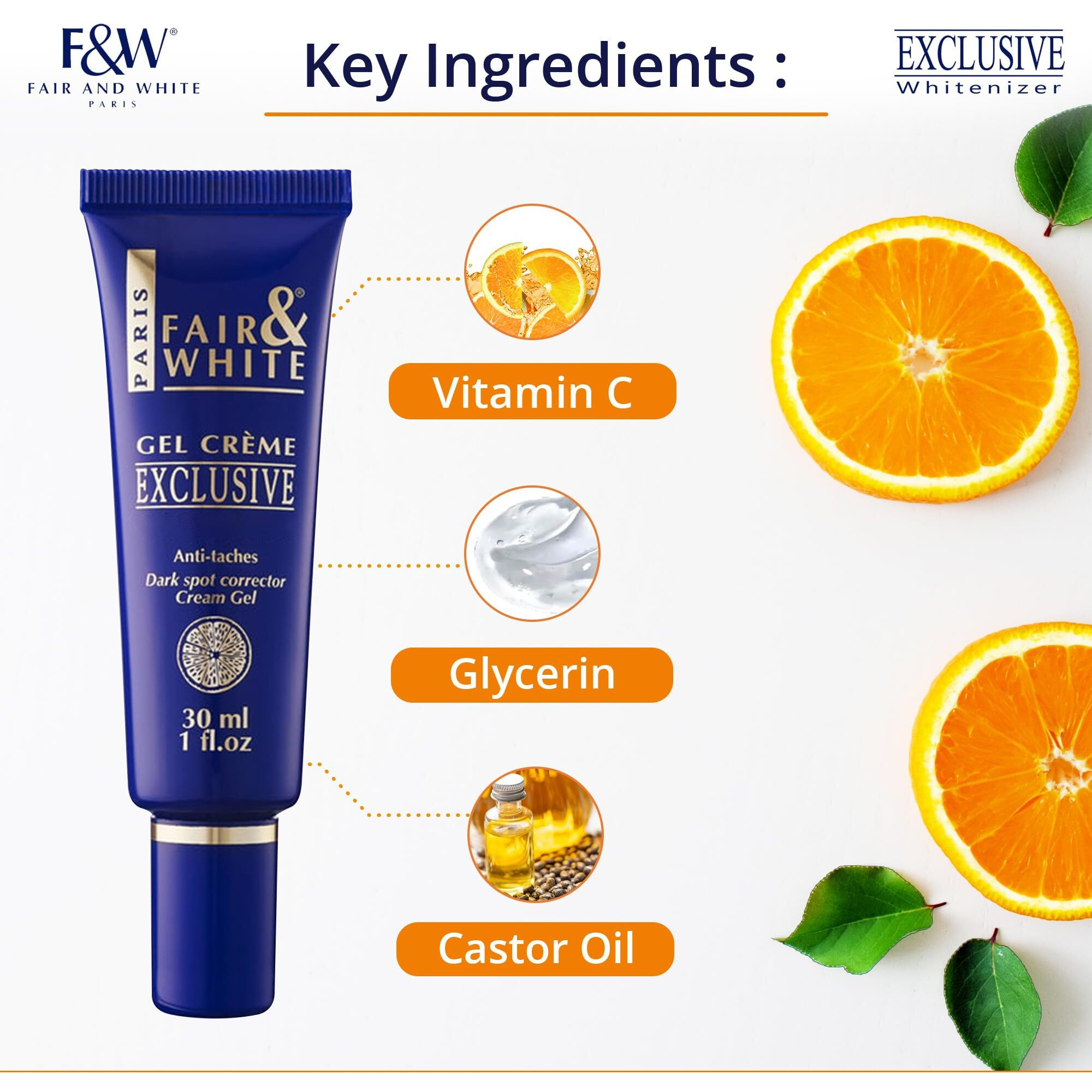 Fair And White Exclusive, Brightening Gel Cream - 30 Ml / 1 Fl Oz - Deeply Moisturizes, Formulated To Fade Dark Spots With Vitamin C, Glycerin & Castor Oil