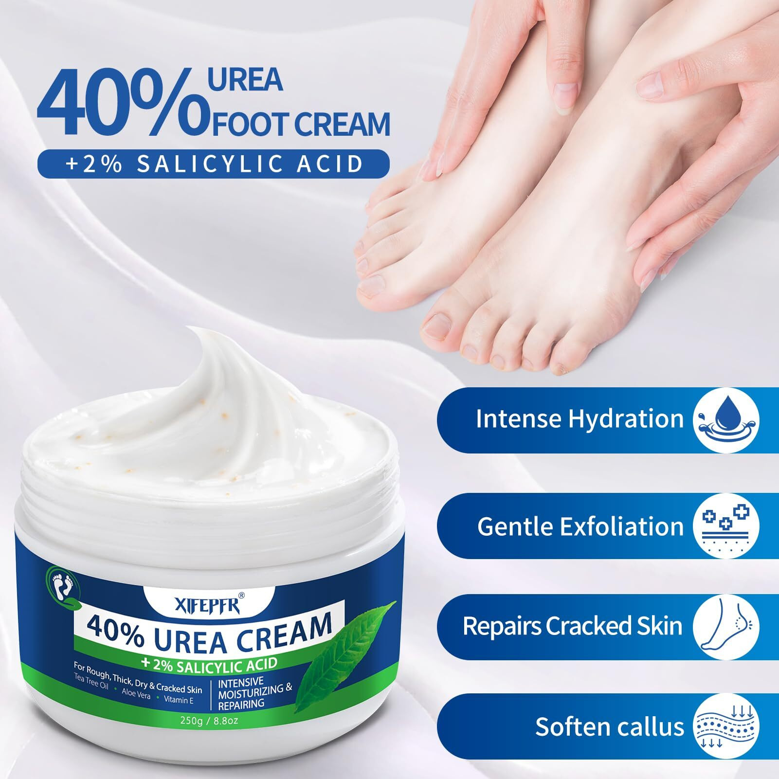 Xifepfr Urea Cream 40 Percent For Feet Maximum Strength, With 2% Salicylic Acid Urea Foot Cream For Dry Cracked Heels And Feet, Tea Tree Oil Foot Cream For Corn And Callus Remover (8.8Oz)