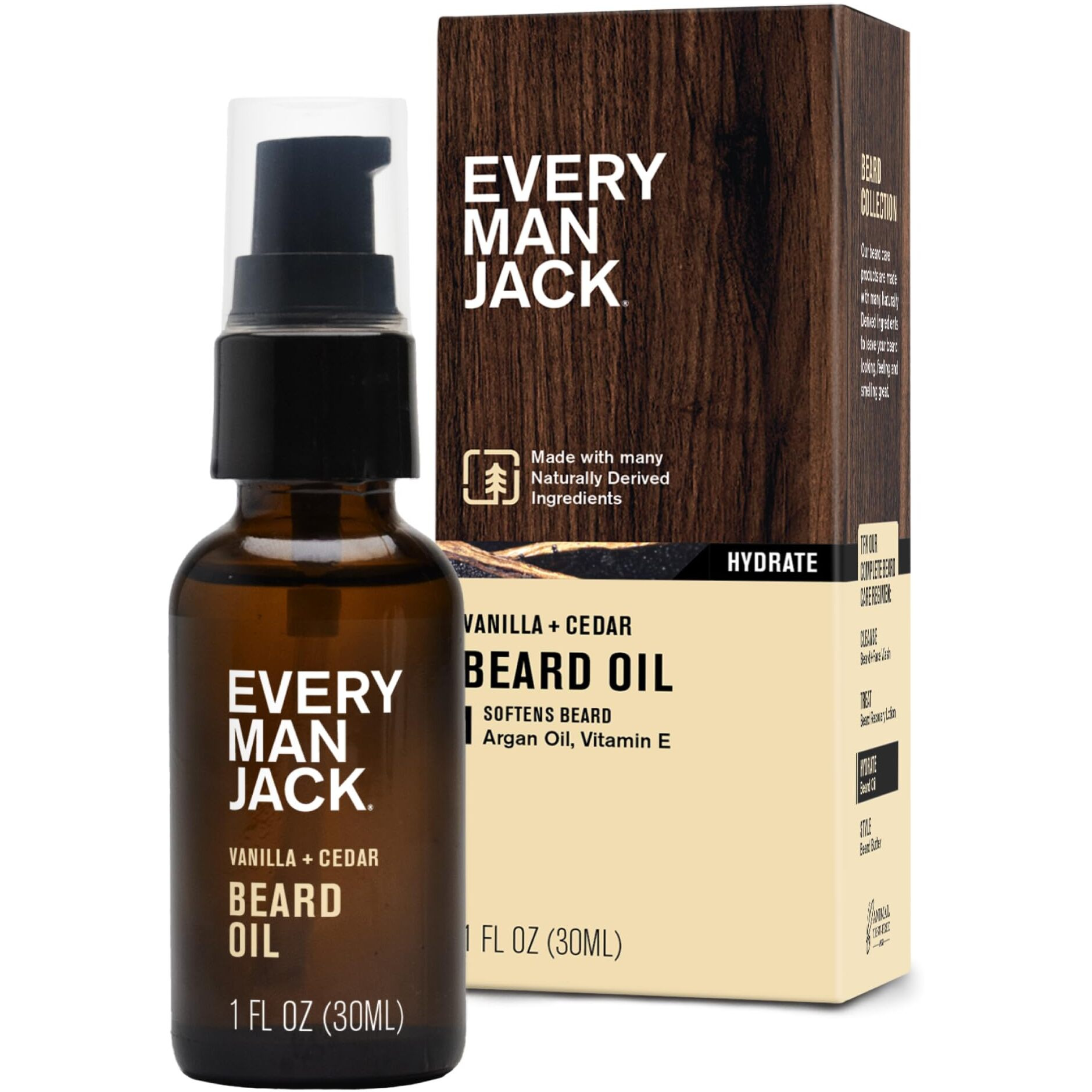 Every Man Jack Mens Beard Oil - Vanilla + Cedar Fragrance - Deeply Moisturizes And Softens Your Beard And Adds A Natural Shine - Naturally Derived With Shea Butter And Argan Oil - 1 Fl Oz