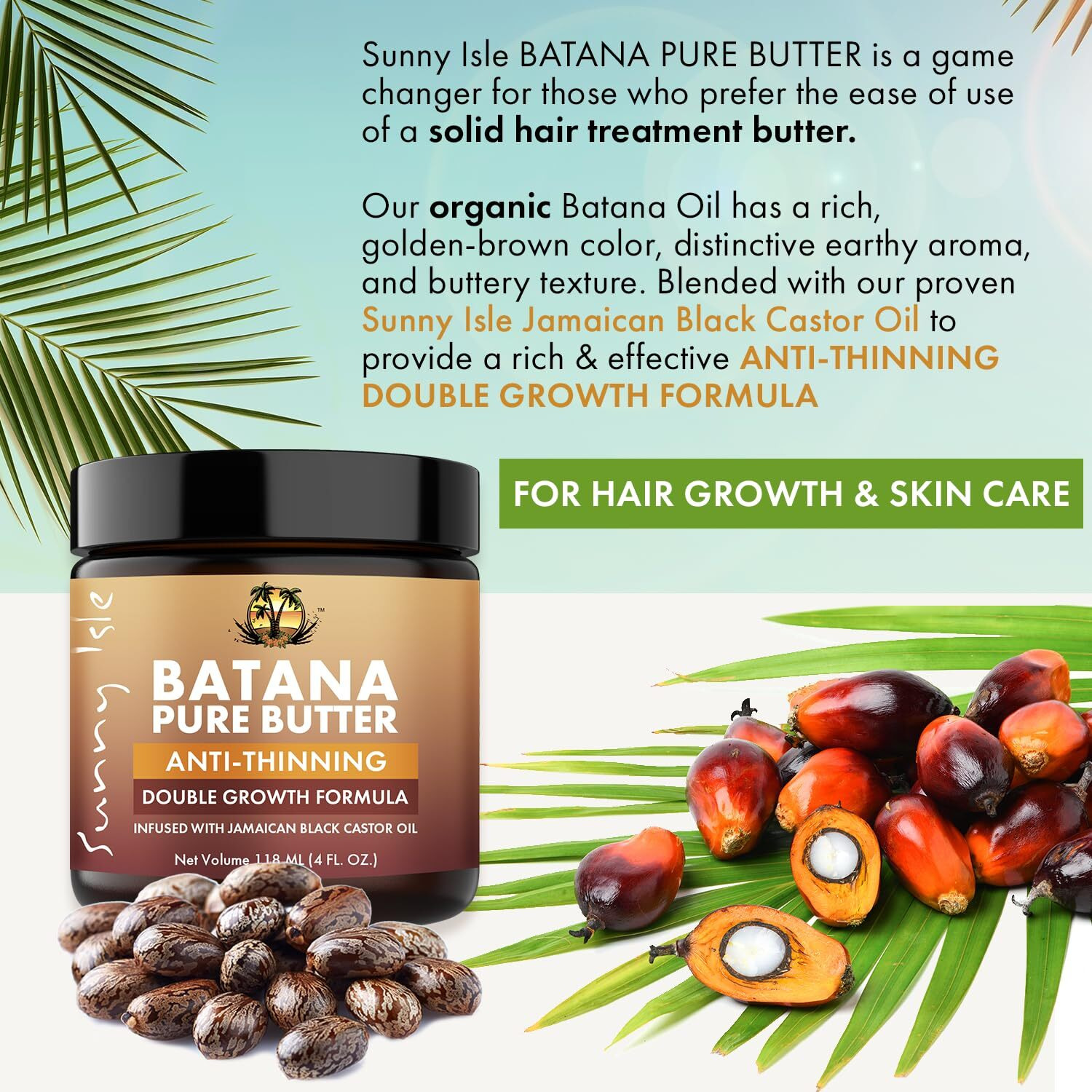 Sunny Isle Anti-Thinning Batana Pure Butter 4Oz | Infused With Jamaican Black Castor Oil | Double Growth Formula
