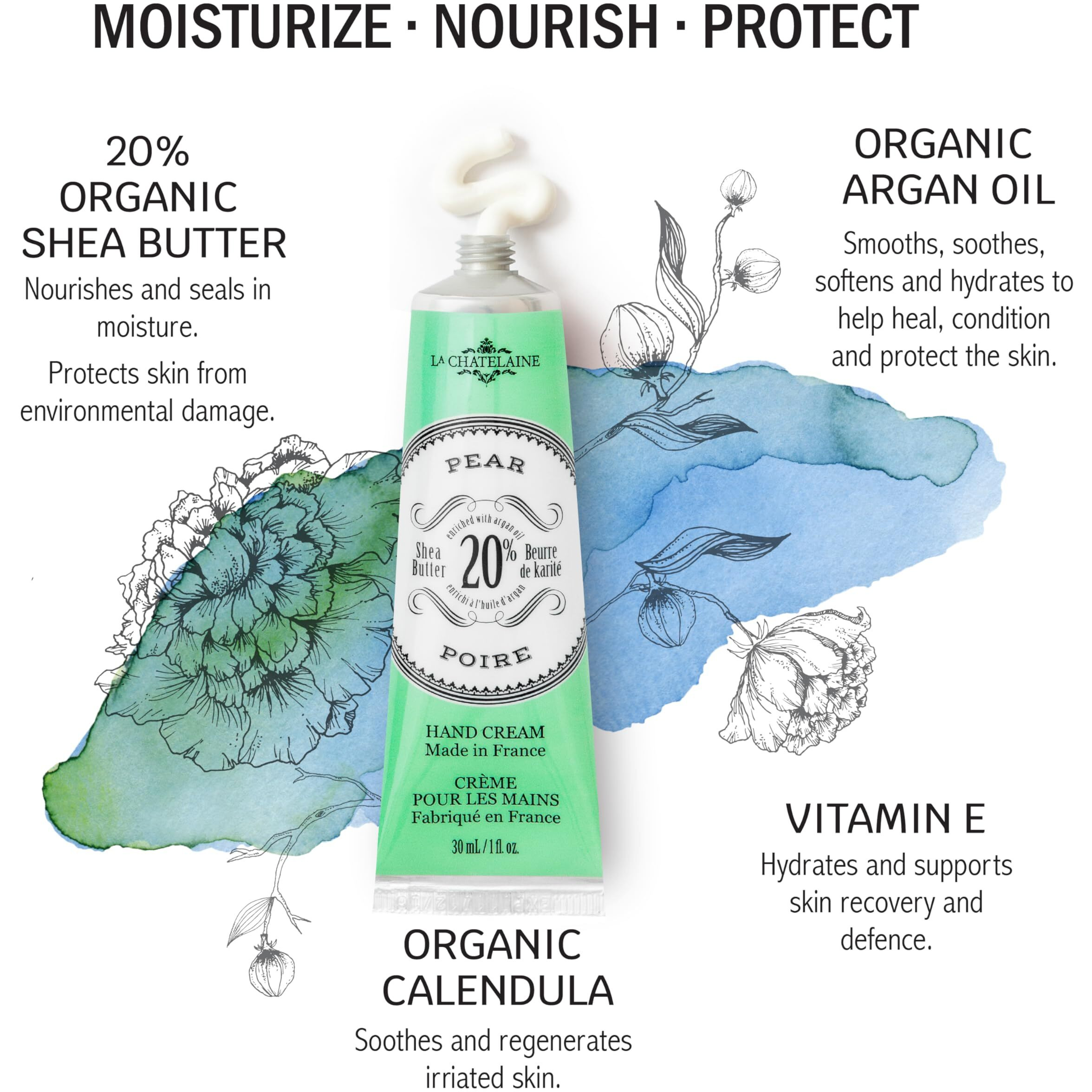 La Chatelaine 20% Shea Butter Hand Cream, Travel Size 1 Fl Oz With Organic Argan Oil, Moisturizing, Nourishing, Repairing, Non-Greasy Formula, Made In France, Paraben Free - Pear