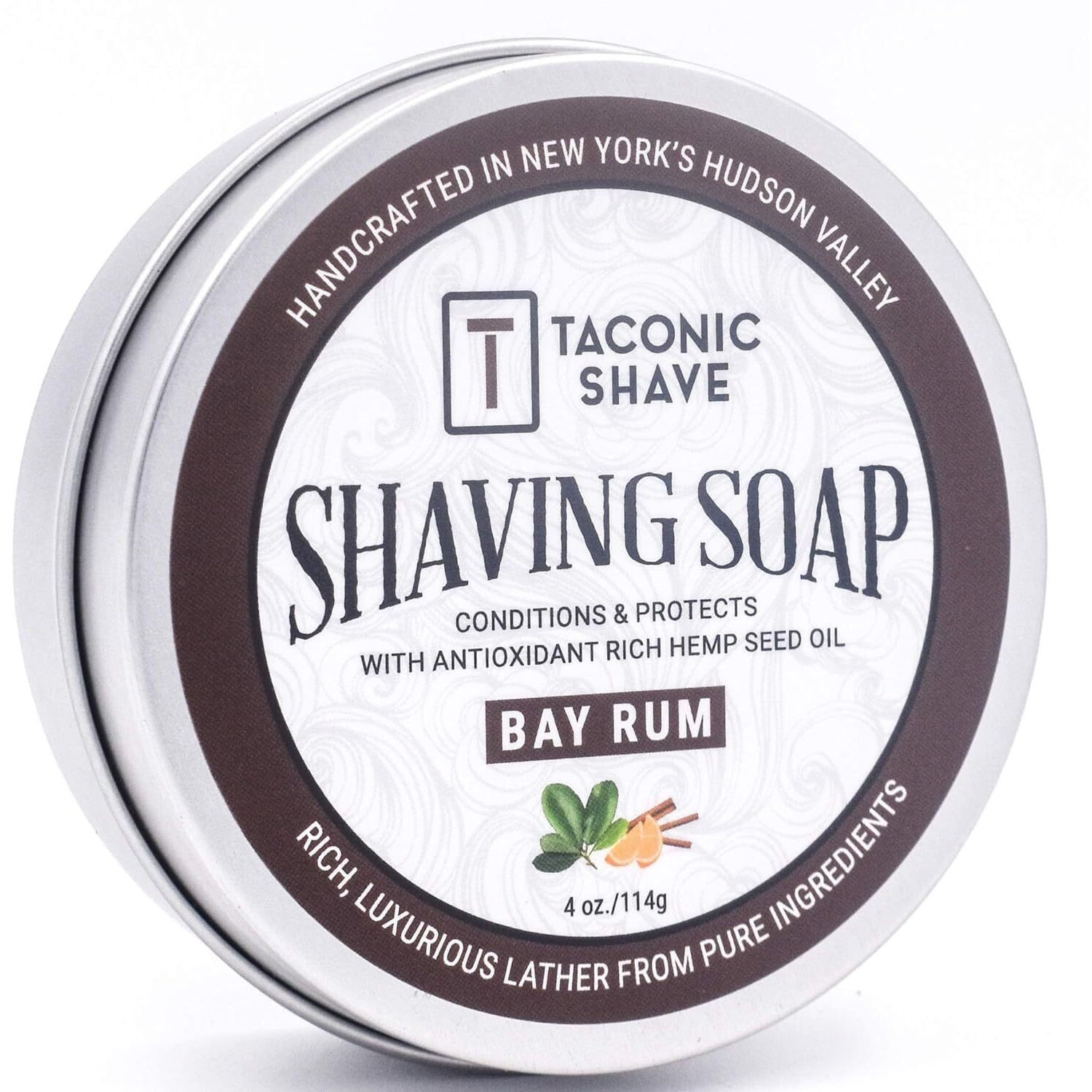 Taconic Shave Bay Rum Scent Shaving Soap - Warm Spiced Aroma - Barbershop Quality Lather Puck With Coconut & Olive Oils - Classic Wet Shave - Made In Usa