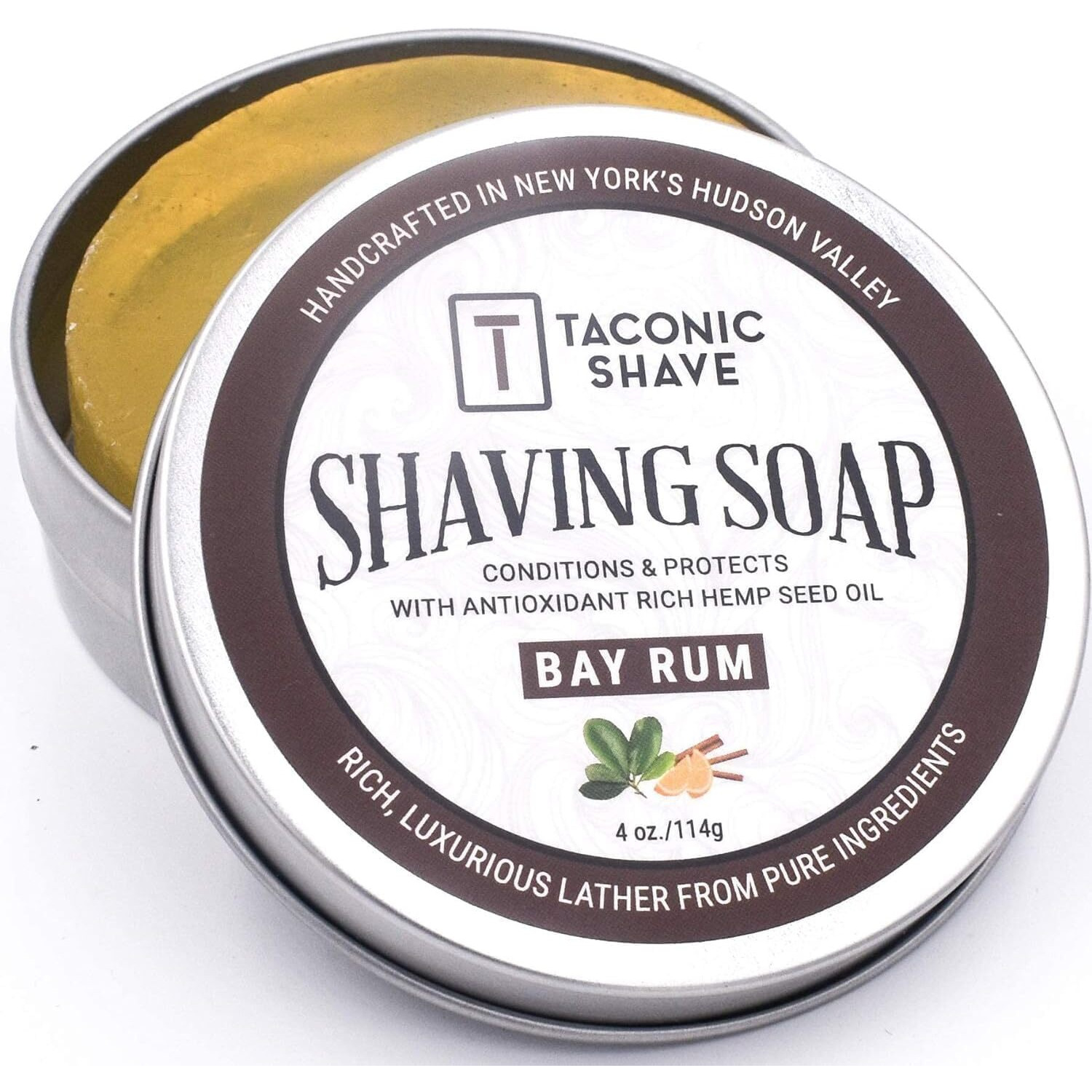 Taconic Shave Bay Rum Scent Shaving Soap - Warm Spiced Aroma - Barbershop Quality Lather Puck With Coconut & Olive Oils - Classic Wet Shave - Made In Usa