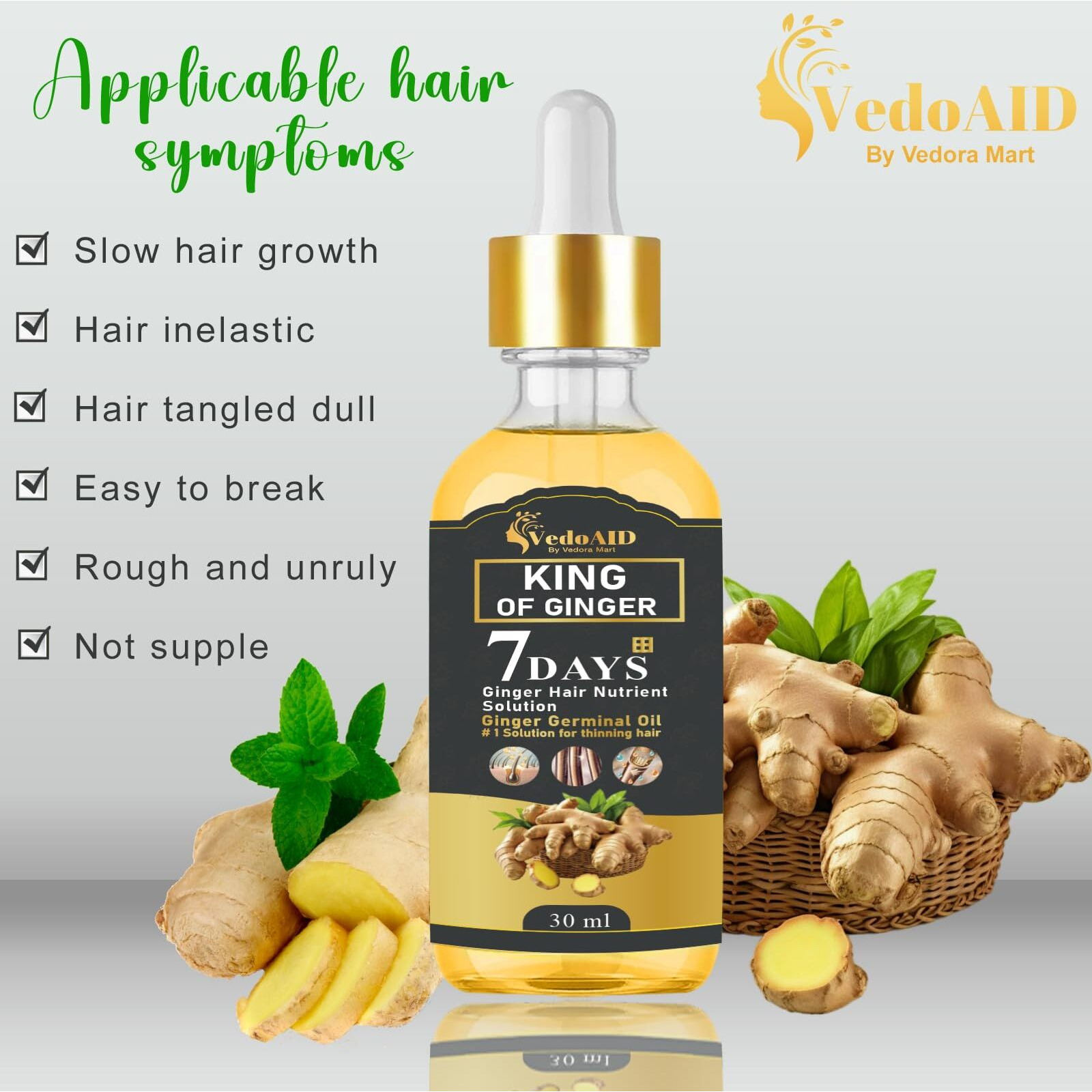 Vedoaid Ginger Oil For Hair Growth - Biotin Hair Growth Serum, 100% Pure Natural Ginger Essential Oil - Promotes Stronger, Thicker, Longer Hair In Women & Men (5Pc+Roller, Premium)