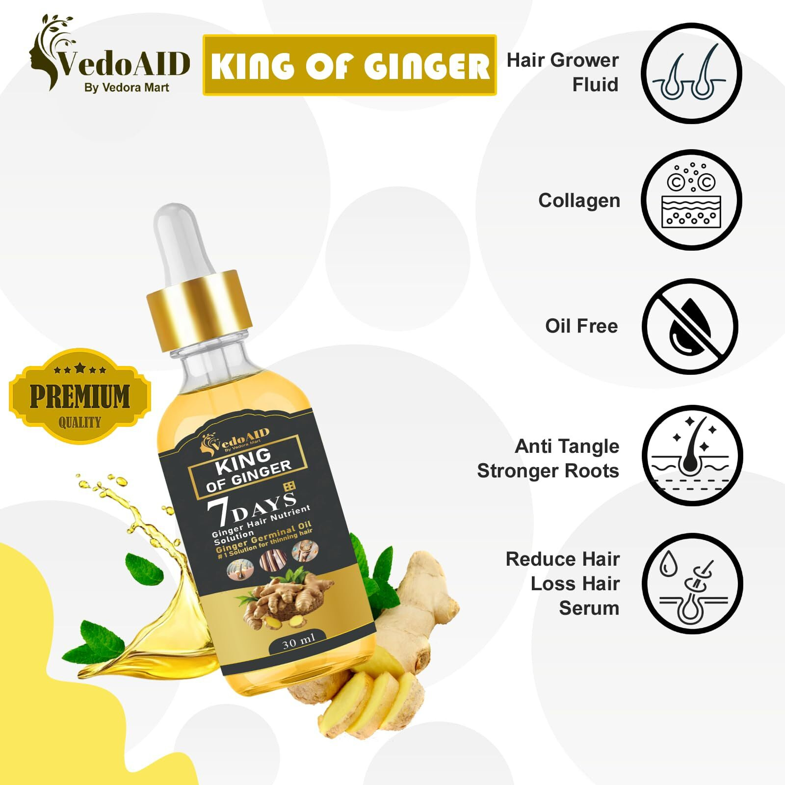Vedoaid Ginger Oil For Hair Growth - Biotin Hair Growth Serum, 100% Pure Natural Ginger Essential Oil - Promotes Stronger, Thicker, Longer Hair In Women & Men (5Pc+Roller, Premium)