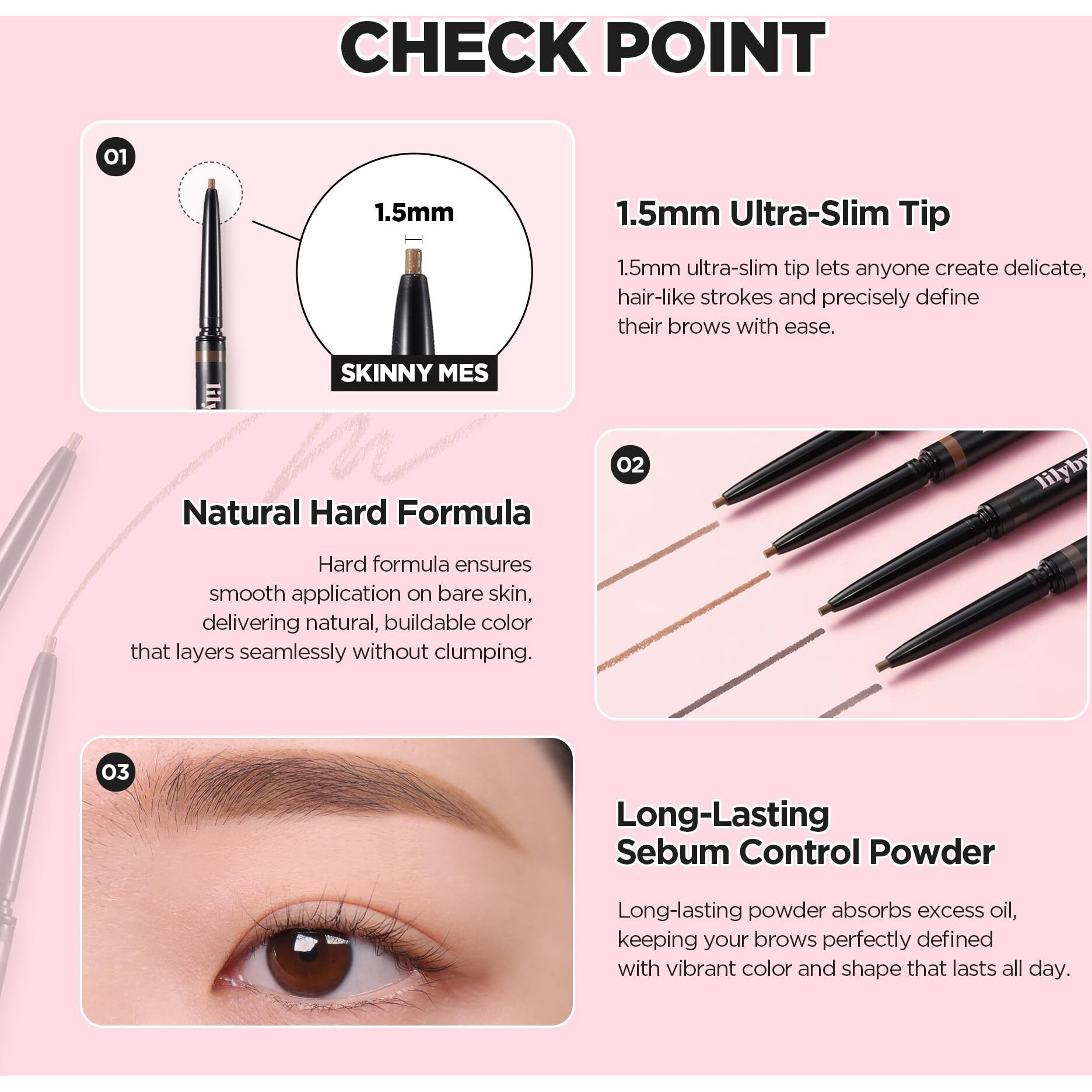 Lilybyred Skinny Mes Brow Pencil | Korean 1.5Mm Ultra-Slim Tip Eyebrow Pencil, Natural Hard Formula, Fine Hair-Like Strokes, Oil-Control, Sweat-Resistant, Long-Lasting, 0.005 Oz. (03 Dark Brown)