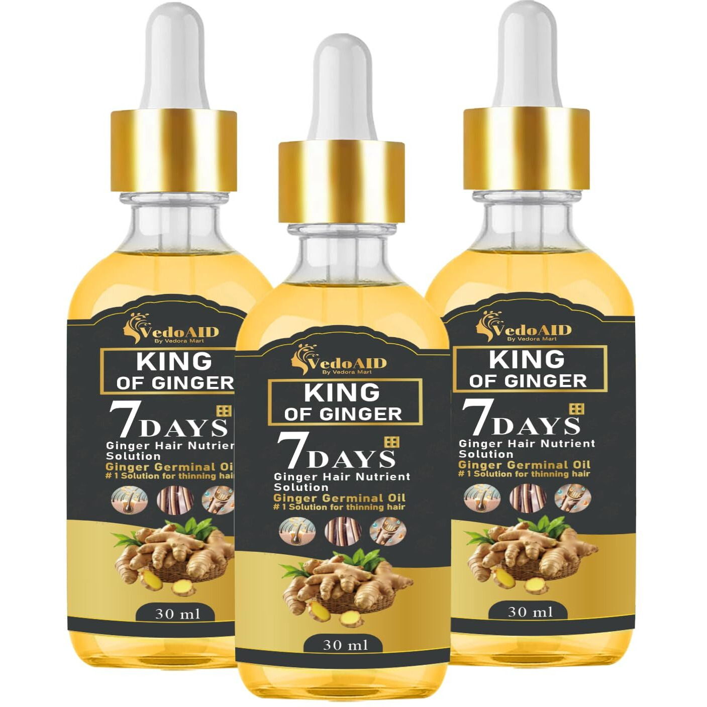 Vedoaid Ginger Oil For Hair Growth - Biotin Hair Growth Serum, 100% Pure Natural Ginger Essential Oil - Promotes Stronger, Thicker, Longer Hair In Women & Men (3Pc, Premium)